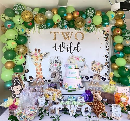 Miniatura 2 de Mocsicka Fondo de dos salvajes para niñas, safari en la selva, animales de 2 cumpleaños, decoración de fiesta de cumpleaños floral, fondo de fotos