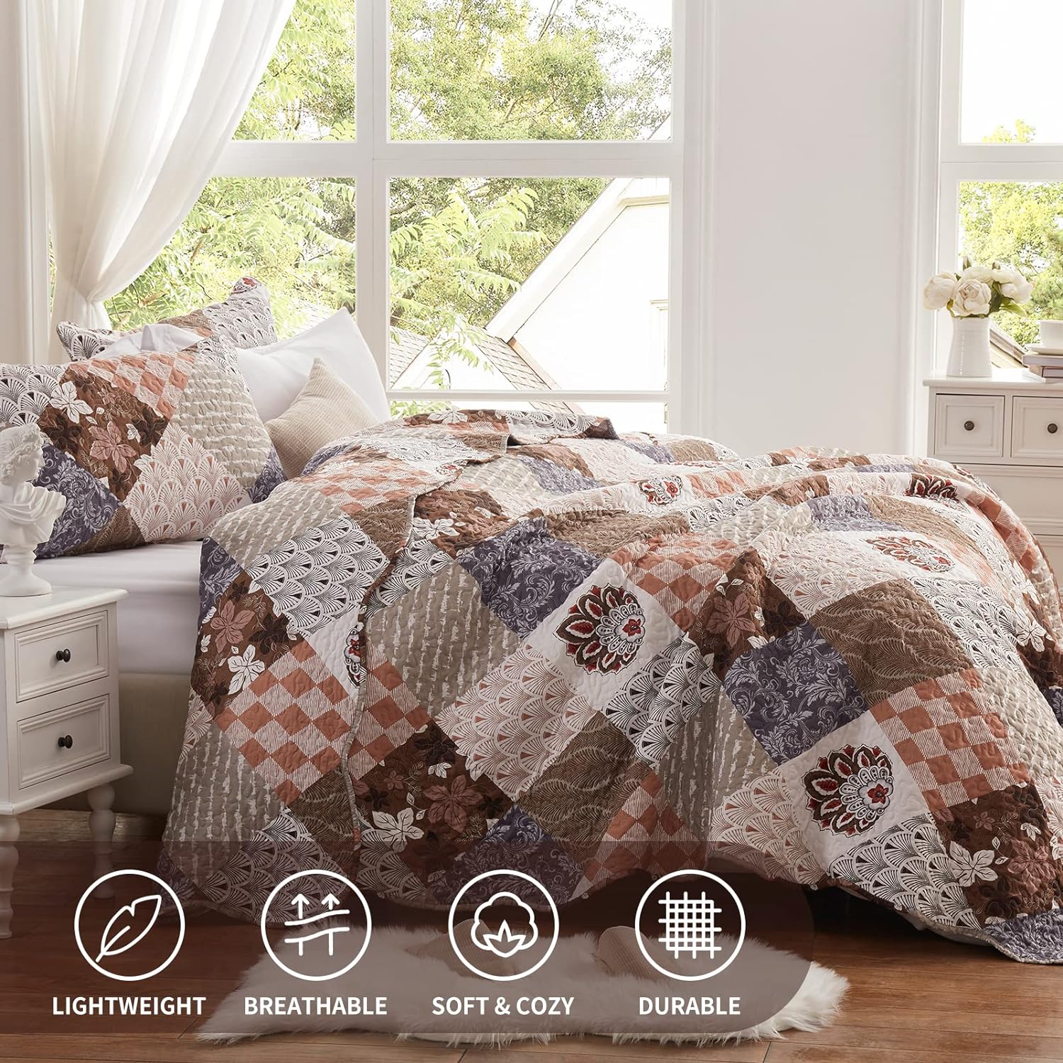 King Size Quilt Set 3 Pieces Lightweight Reversible Bedspread-98''x106'' Soft Patchwork Floral Coverlet Luxurious Warm Microfiber Bed Cover for All Seasons Brown Bedding Set(1 Quilt,2 Pillow Shams) - Image 2