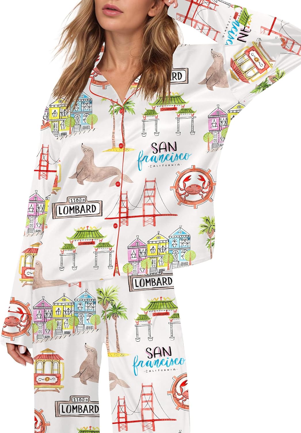 SHESHOW Womens Pajama Sets Long Sleeve Button Down Silky Pjs Travel Print Satin Pajama Set for Women 2 Piece - Image 2