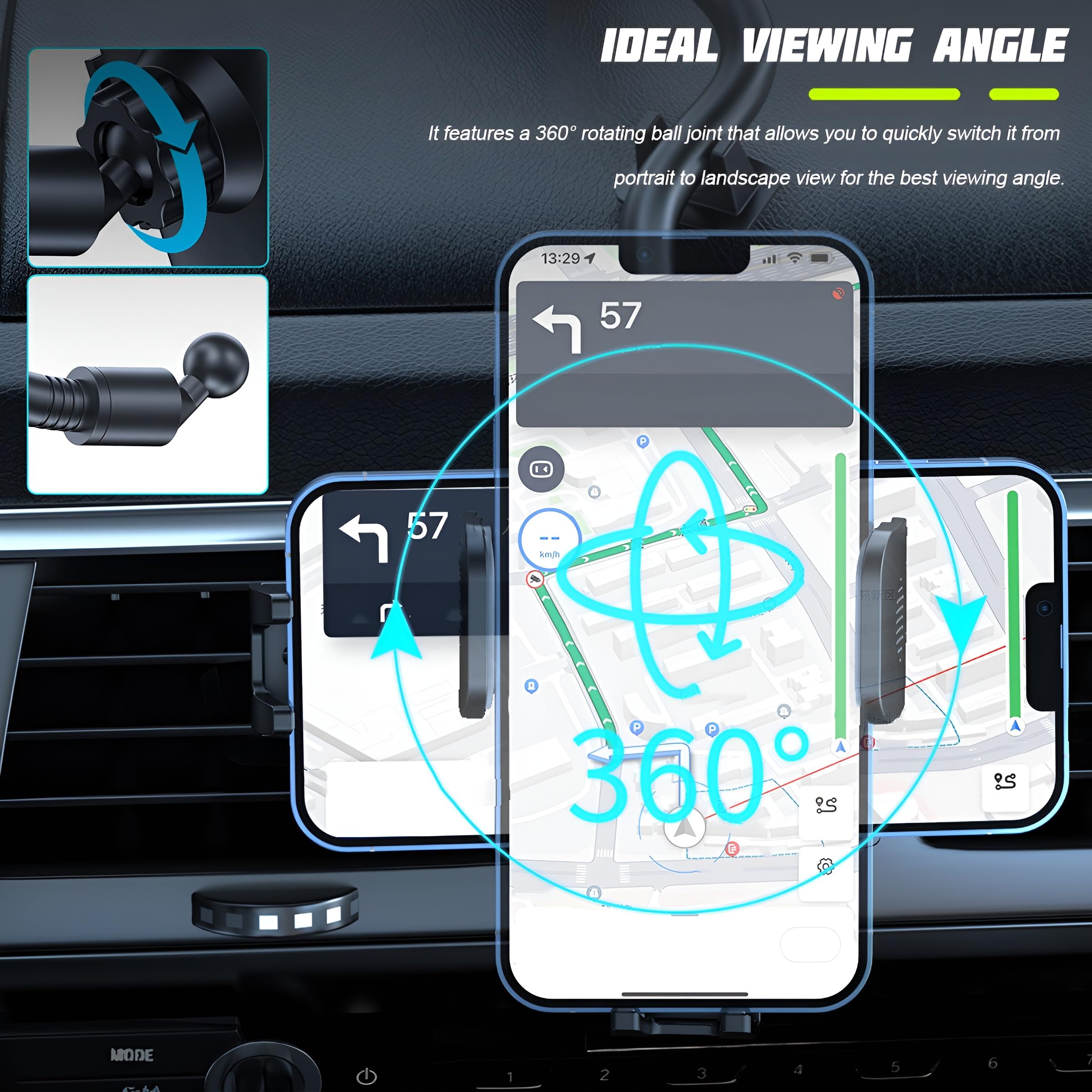 Zpana Supporto per telefono da auto, braccio lungo, rotazione a 360°, supporto per telefono cellulare con ventosa, anti-vibrazione, supporto per smartphone, universale, per SUV, camper, camion (nero)