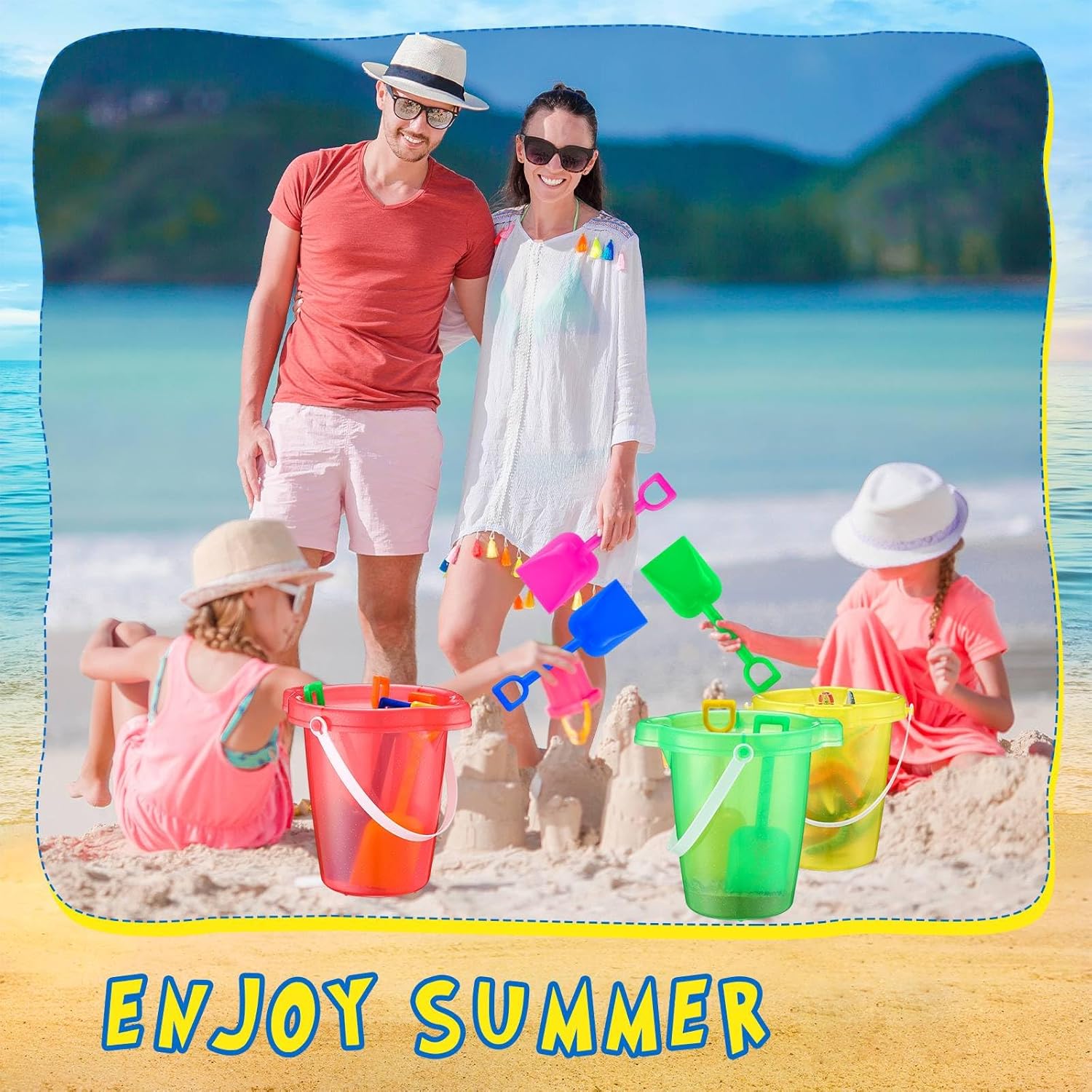 24 Set 7.5 Inch Sand Buckets and Shovels for Kids, Plastic Beach Pail Sand Shovel Bulk Toys for Summer Beach Party Accessories (Bright Color)