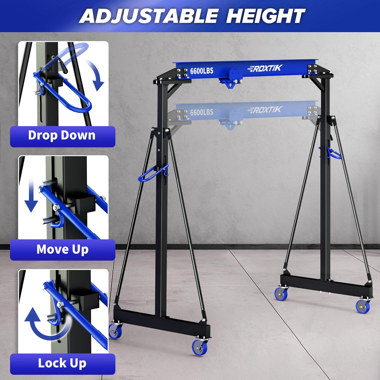 3 Ton 6600LB Gantry Crane, 3 Ton Manual Trolley, 9.06FT Max Width, Portable Shop Crane with 8.53-12.47 FT Adjustable Height, Dark Blue