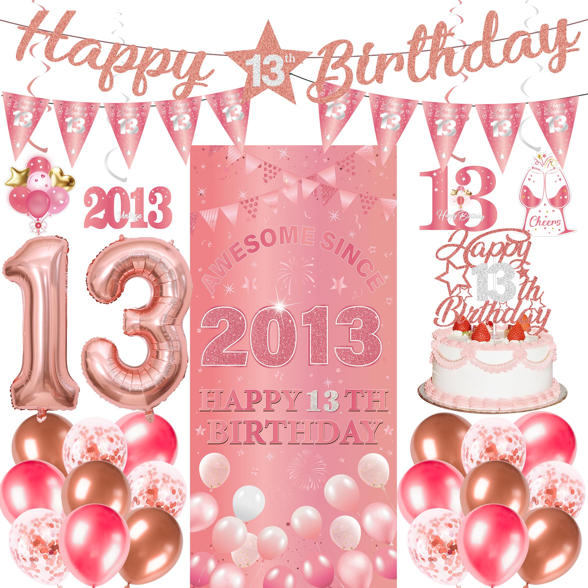 13th Birthday Decorations Girls Kit - 27 Pcs Rose Gold Happy 13th Birthday Banner Triangular Flag Hanging Swirls Backdrop Cake Topper 13 Balloon Set for 13 Years Old Party Decoration Supplies