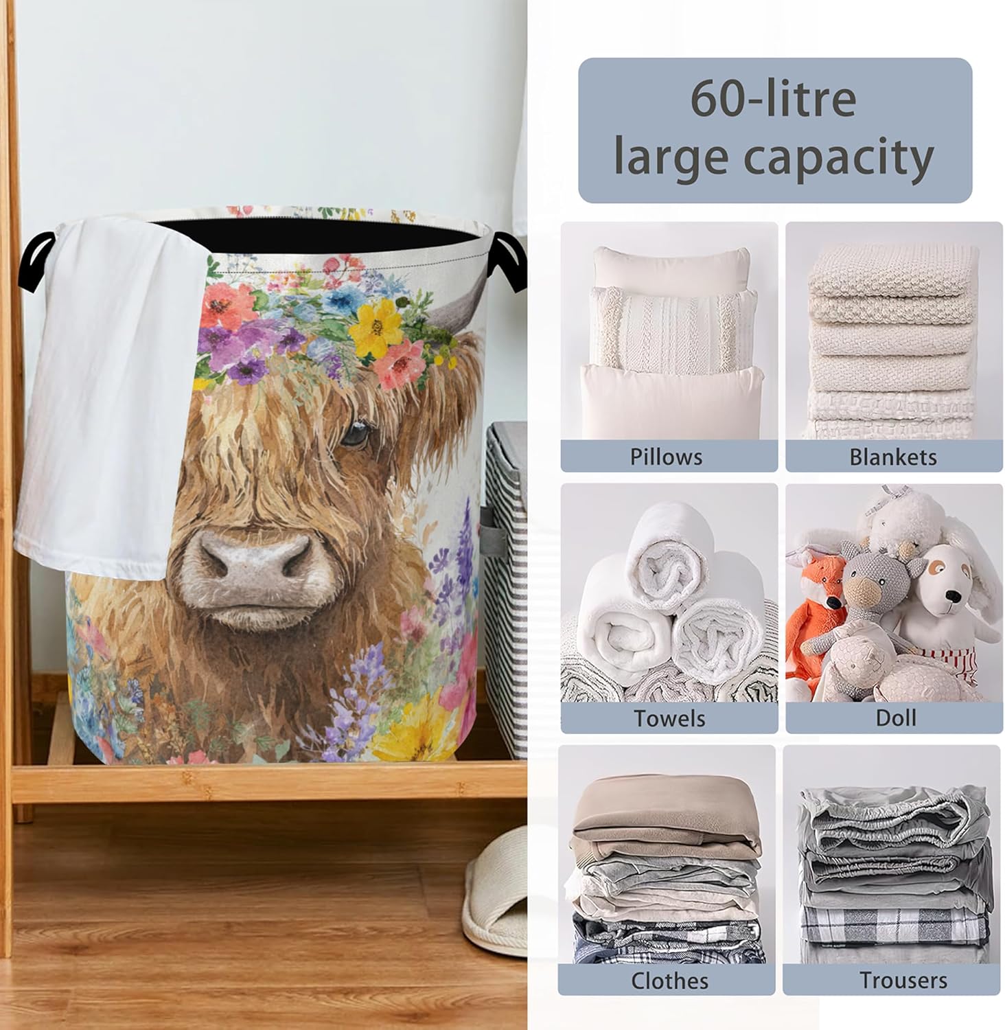Hightland Cow Laundry Basket,Oxford Cloth Laundry Hamper with Handle Foldable Portable Clothes Storage Basket for Bathroom Bedroom Dorm Room 16" x 20.8"