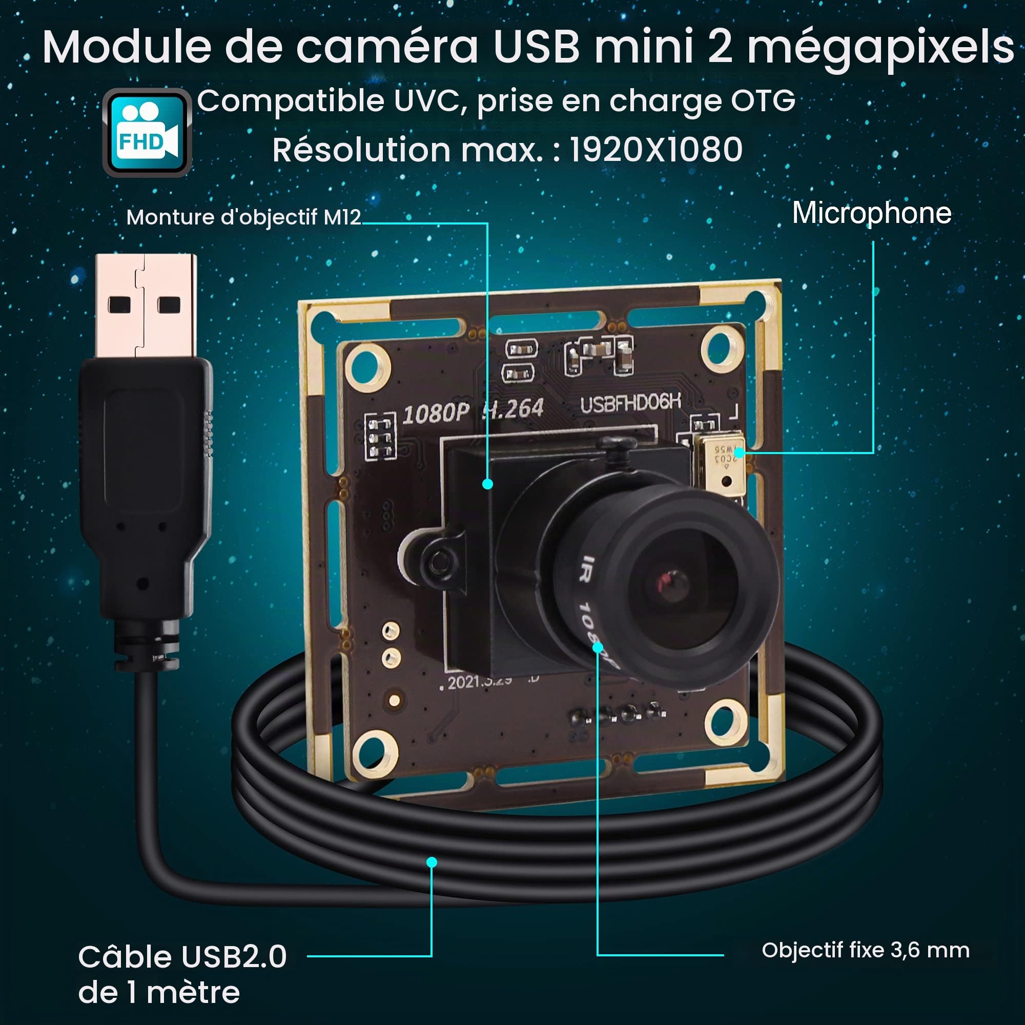 Module de caméra USB ELP 1080p Basse lumière pour Ordinateur avec Microphone, capteur d'image Couleur CMOS IMX323 2 MP, Objectif 3,6 mm, Plug and Play pour Windows, Linux et Mac OS