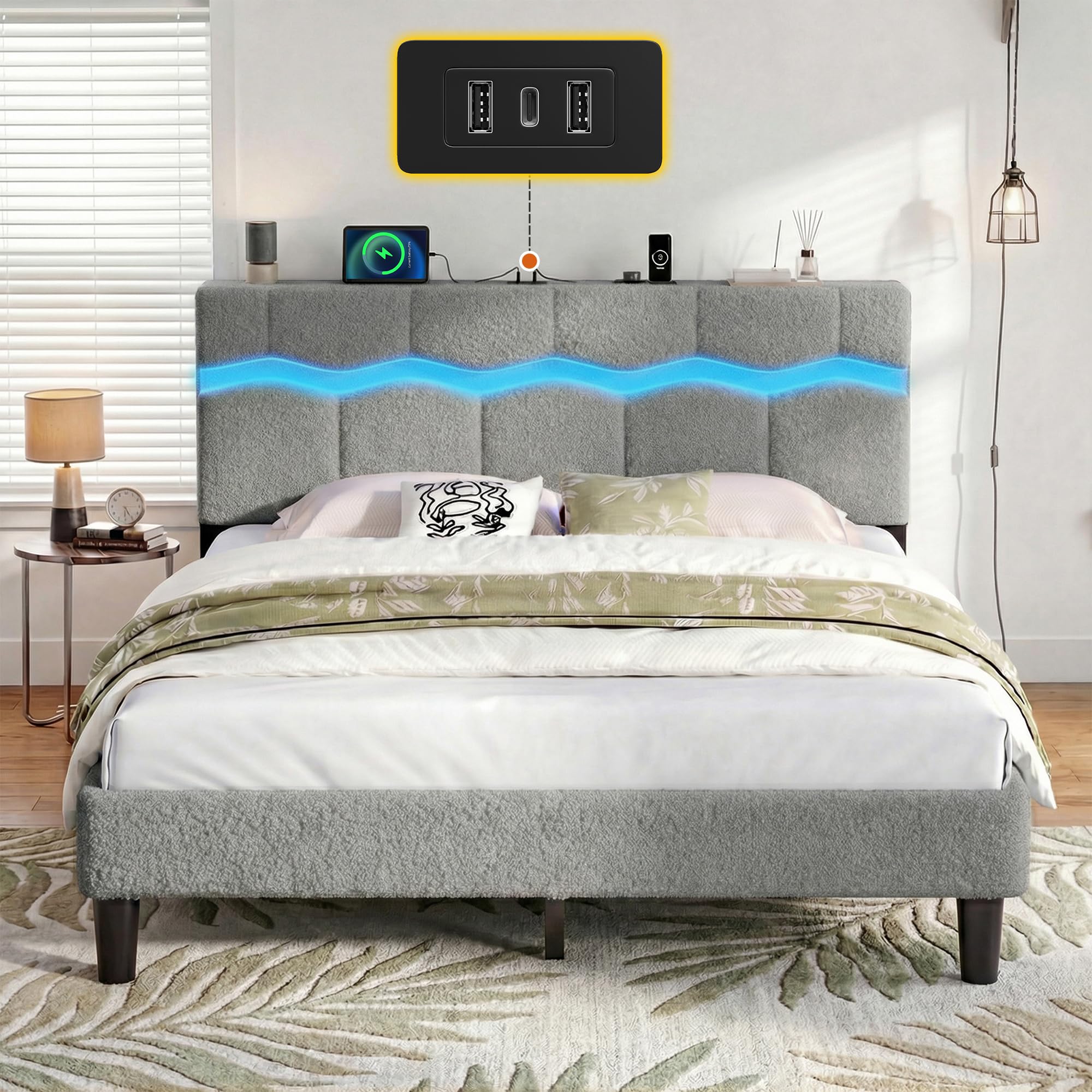 King Size Bed Frame with Boucle Headboard Upholstered Bed Frame with LED Lights Charging Station No Box Spring