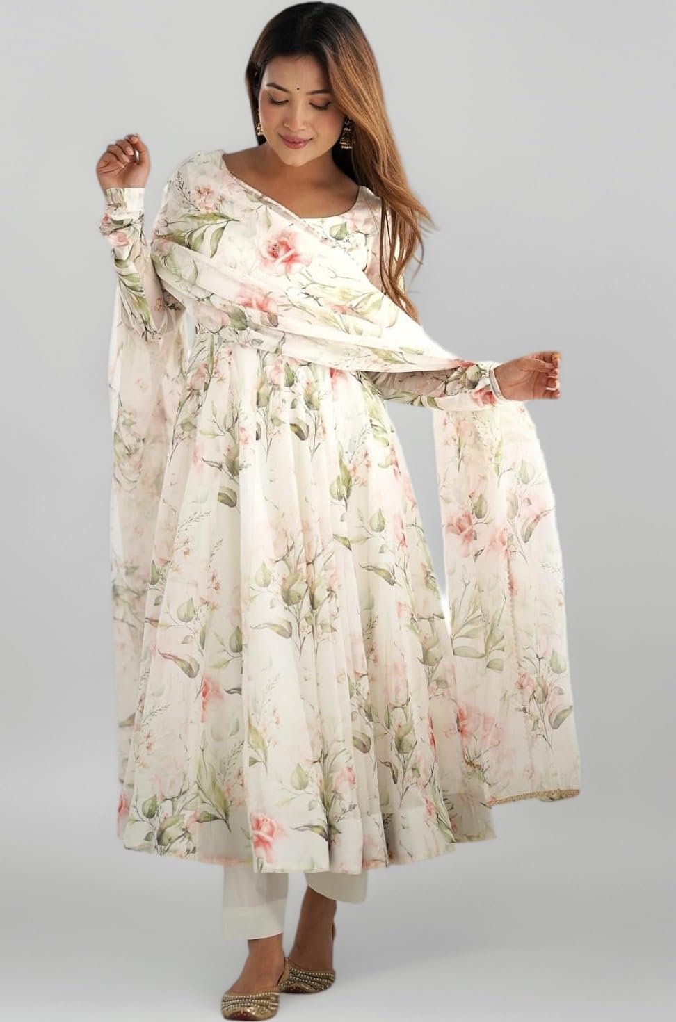 Women Floral Print Anarkali Kurta with Pant and Dupatta Set Anarkali Kurti for Women Georgette Anarkali Dress, Full Sleeves, Asymmetric Hemline