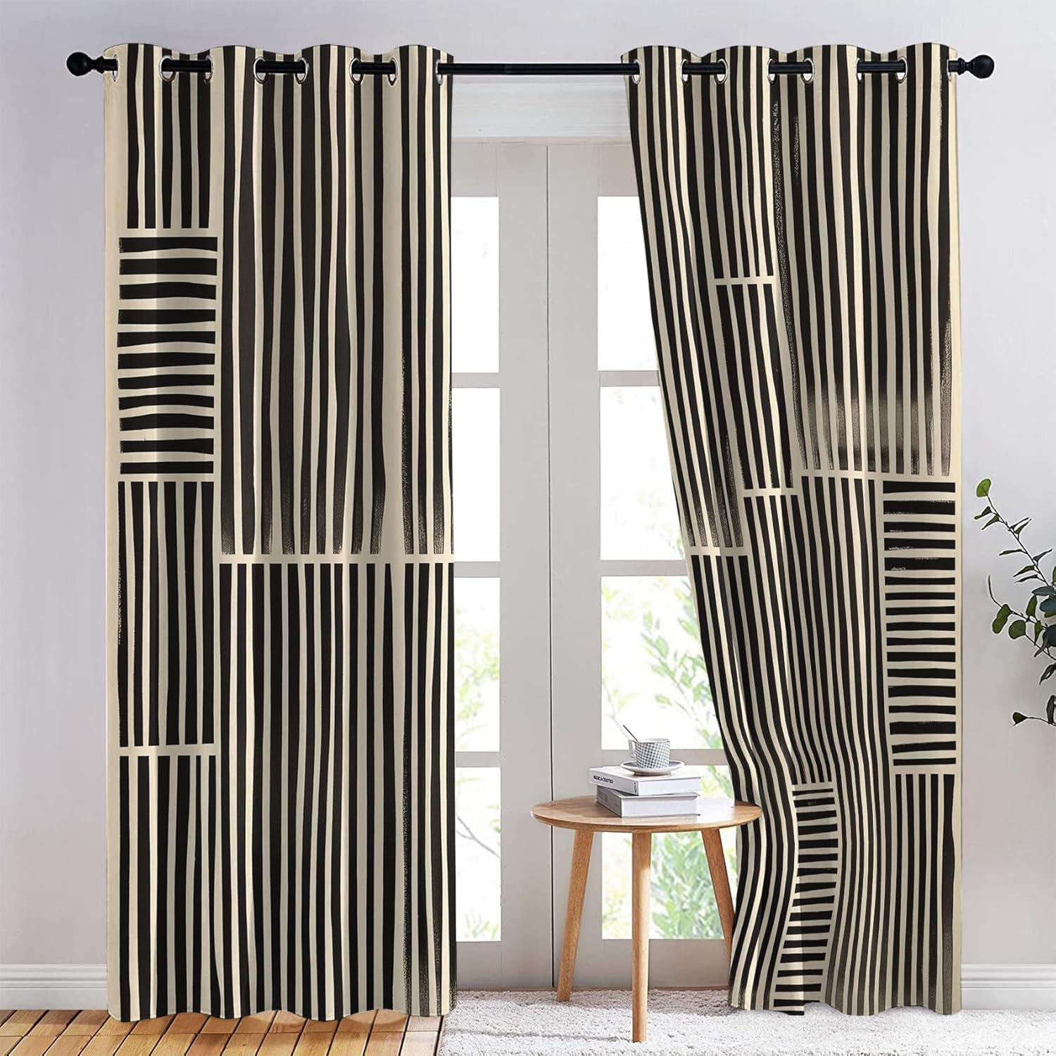 Striped Blackout Curtains for Living Room Bedroom, Thermal Insulated Room Darkening Grommet Drapes, Black and Beige Stripe Window Curtains & Home Decor, 63 Inch Drapes 2 Panel Set