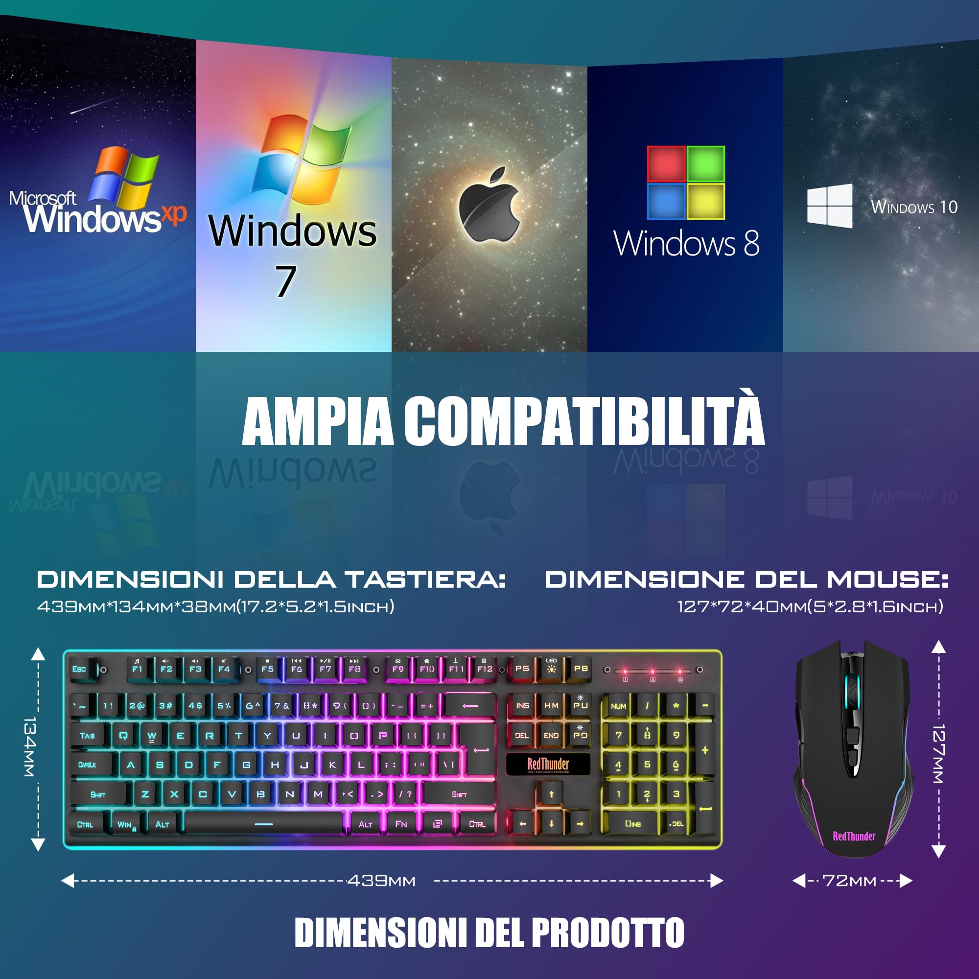 RedThunder K10 Set Tastiera e Mouse da Gioco Wireless, Retroilluminazione a LED, Batteria Ricaricabile da 3800 mAh, Sensazione Meccanica, Anti-Ghosting+Mouse 7D 3200DPI, Layout IT QWERTY, Giocatori PC