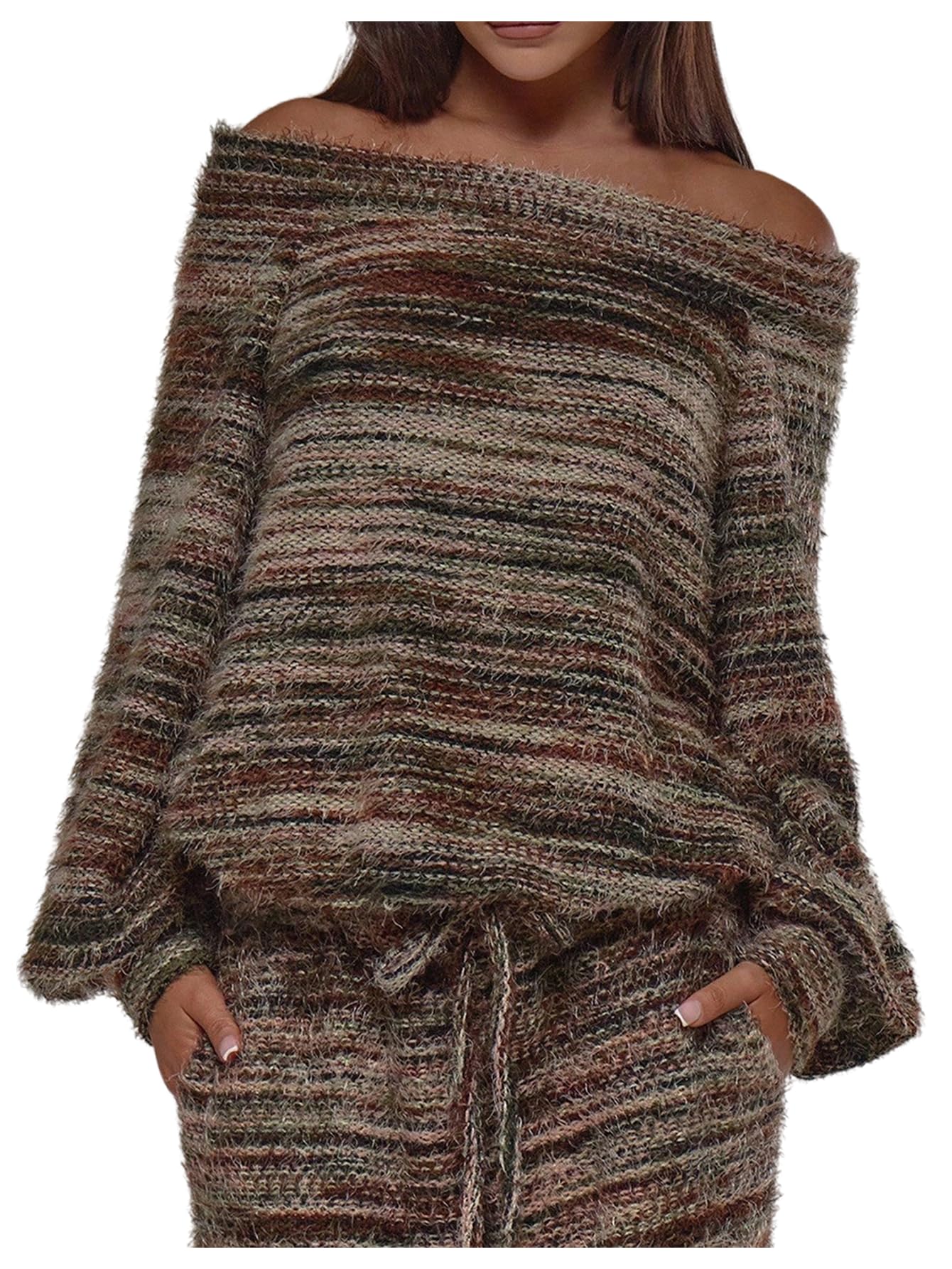 MakeMeChic Womens Striped Off The Shoulder Sweater Fuzzy Long Sleeve Knitted Pullover Tops