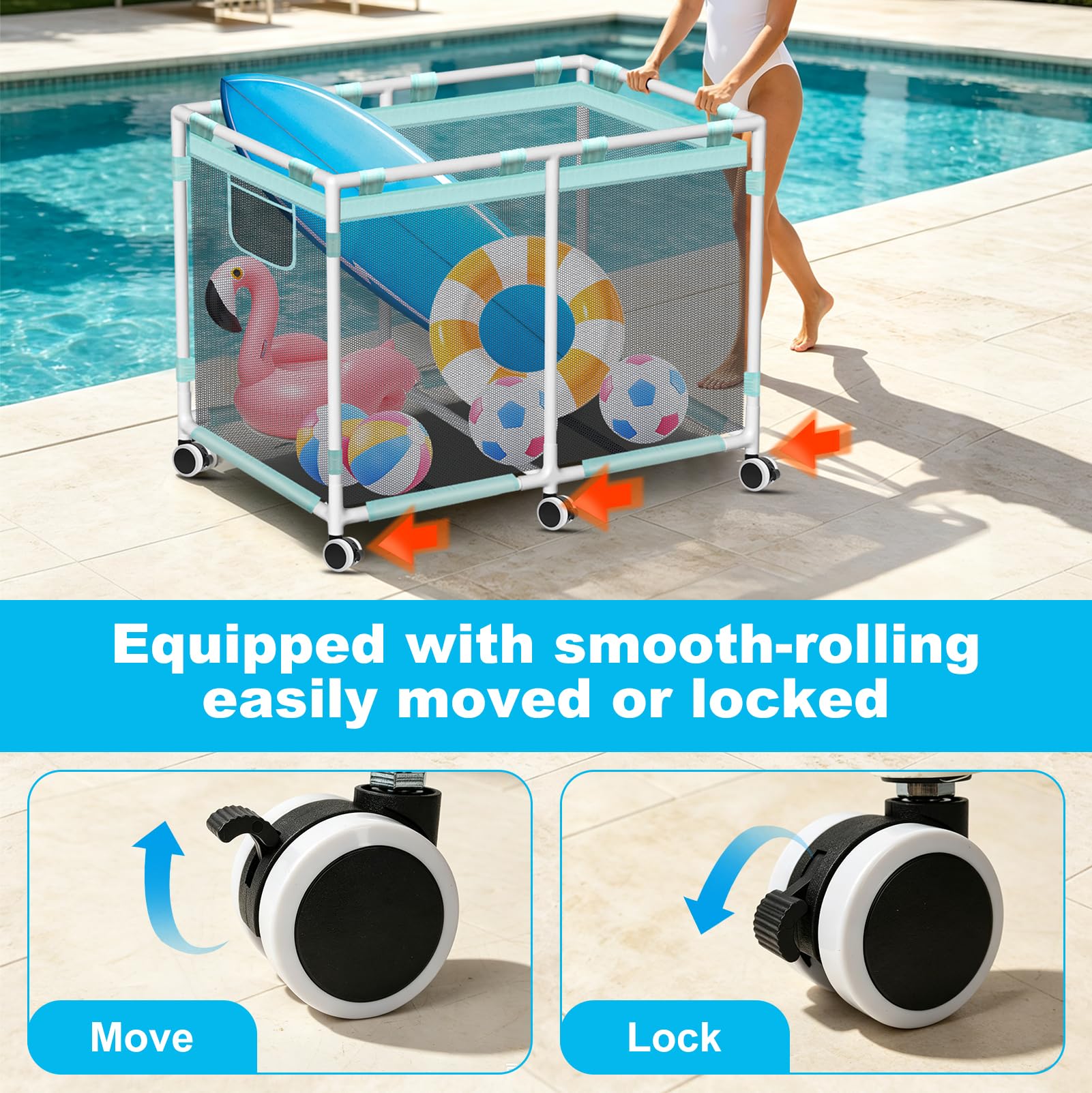Contenedor de almacenamiento para piscina, 1200 L (69 x 32 x 35 pulgadas), fideos de piscina para accesorios de natación, soporte para fideos, juguetes, flotadores y toallas, almacenamiento resistente
