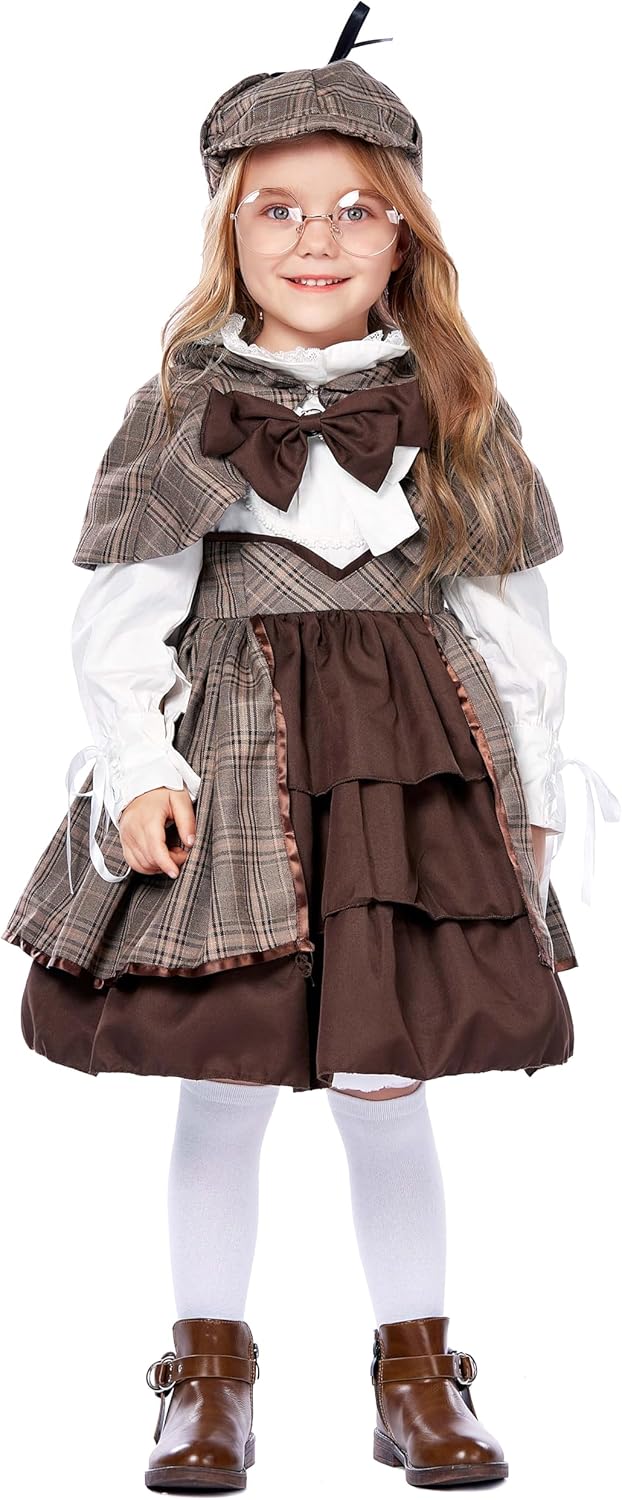 Girls Detective Costume Kids Famous Detective Outfit, Girls Cute Victorian Detective Costume for Halloween Dress Up