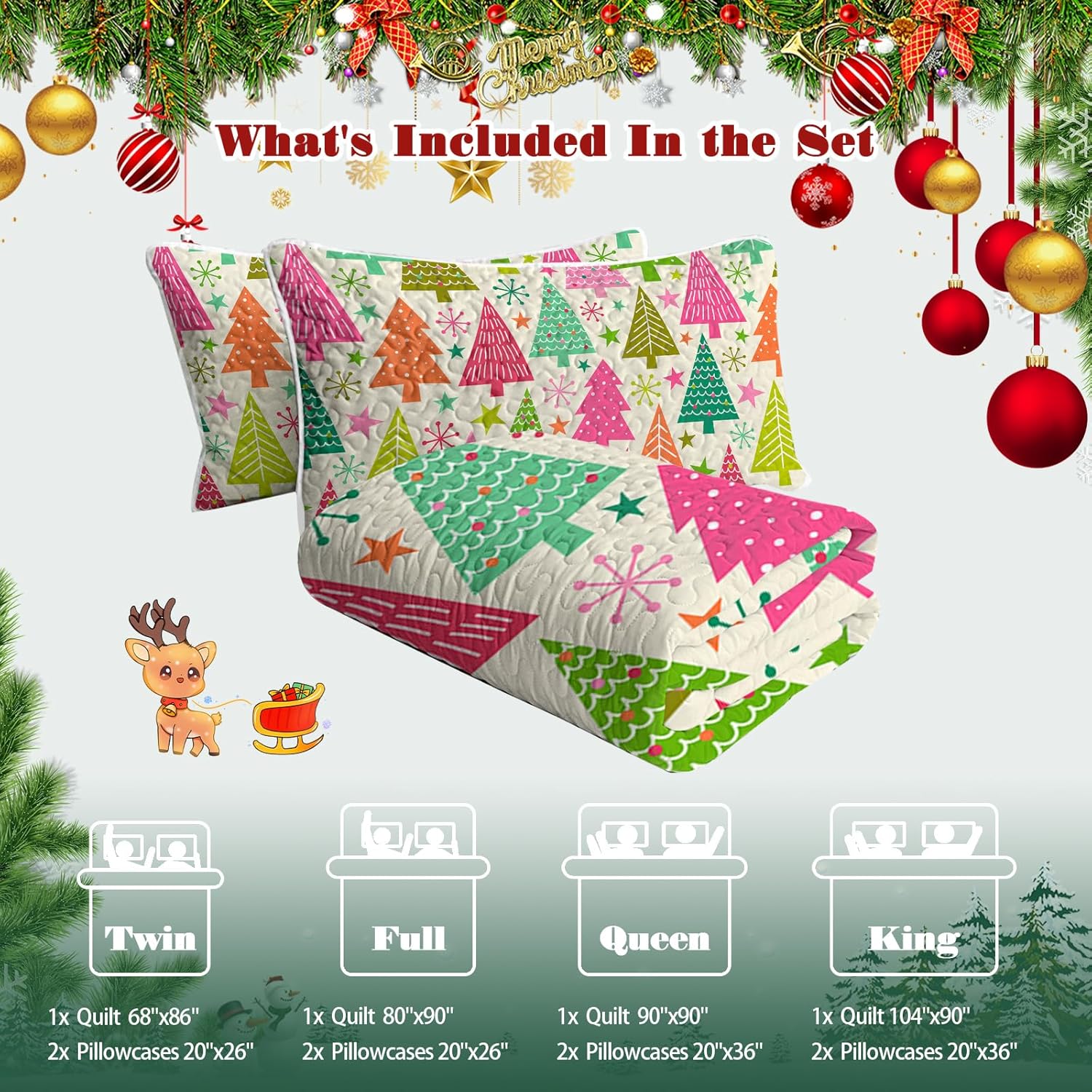 BlessLiving Merry Christmas Colorful Tree Quilt Set Queen Size, Green Pink Orange Bedspread-Size 90"x90", Soft Lightweight Coverlet, Bed Cover for All Seasons-3 Pieces, Includes 1 Quilt, 2 Shams
