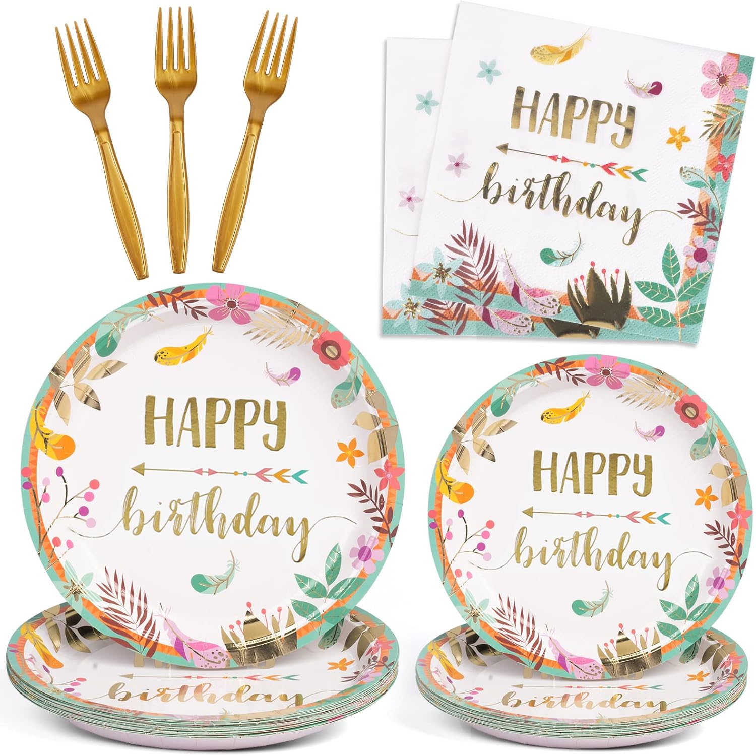 DECORLIFE Birthday Plates and Napkins Serves 24, Boho