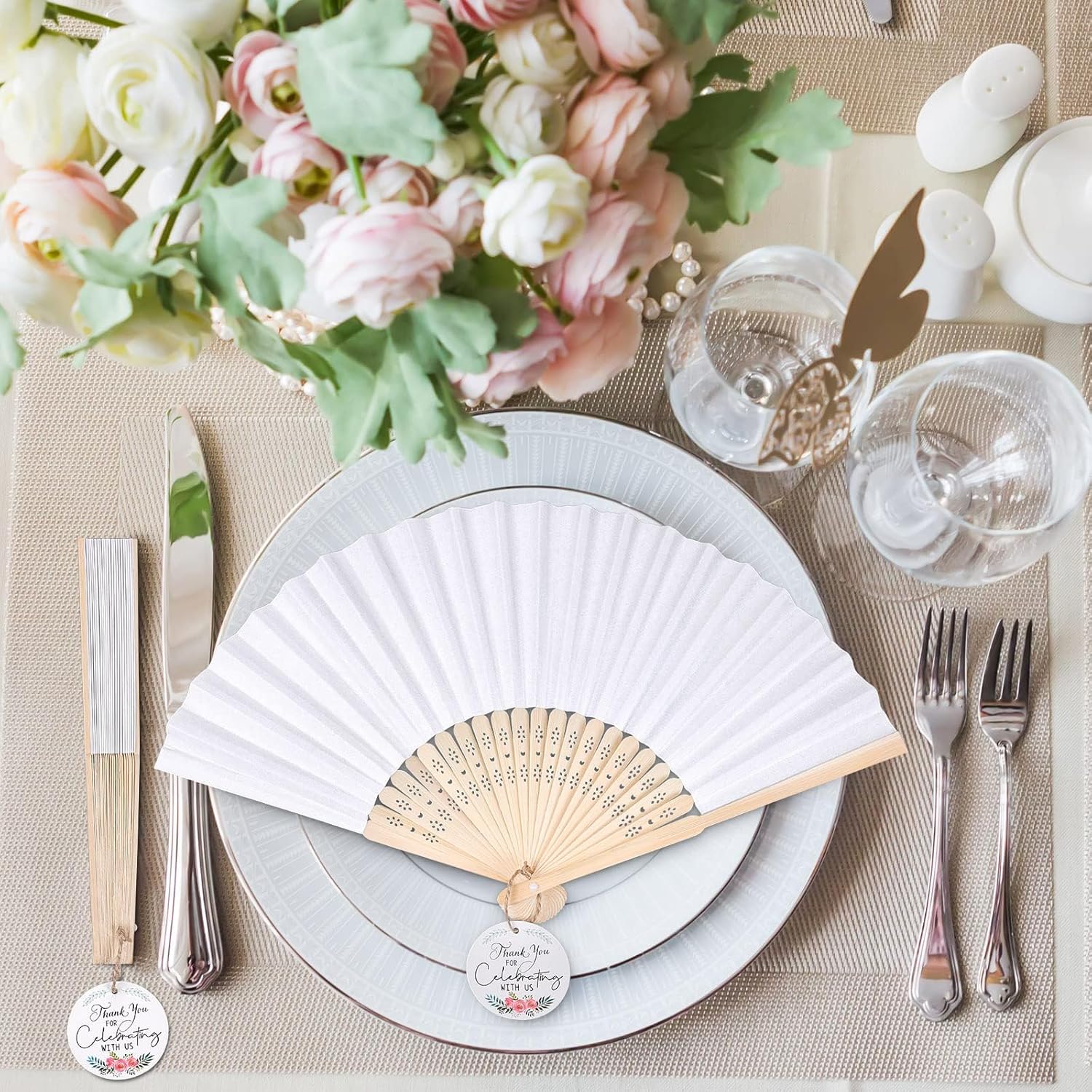 MCEAST 120 Pack White Wedding Folding Fans Bamboo Handheld Paper Fan Wedding Hand Fan with Tags and Jute String Fun DIY Wedding Favors for Guests, Party and Home Decoration