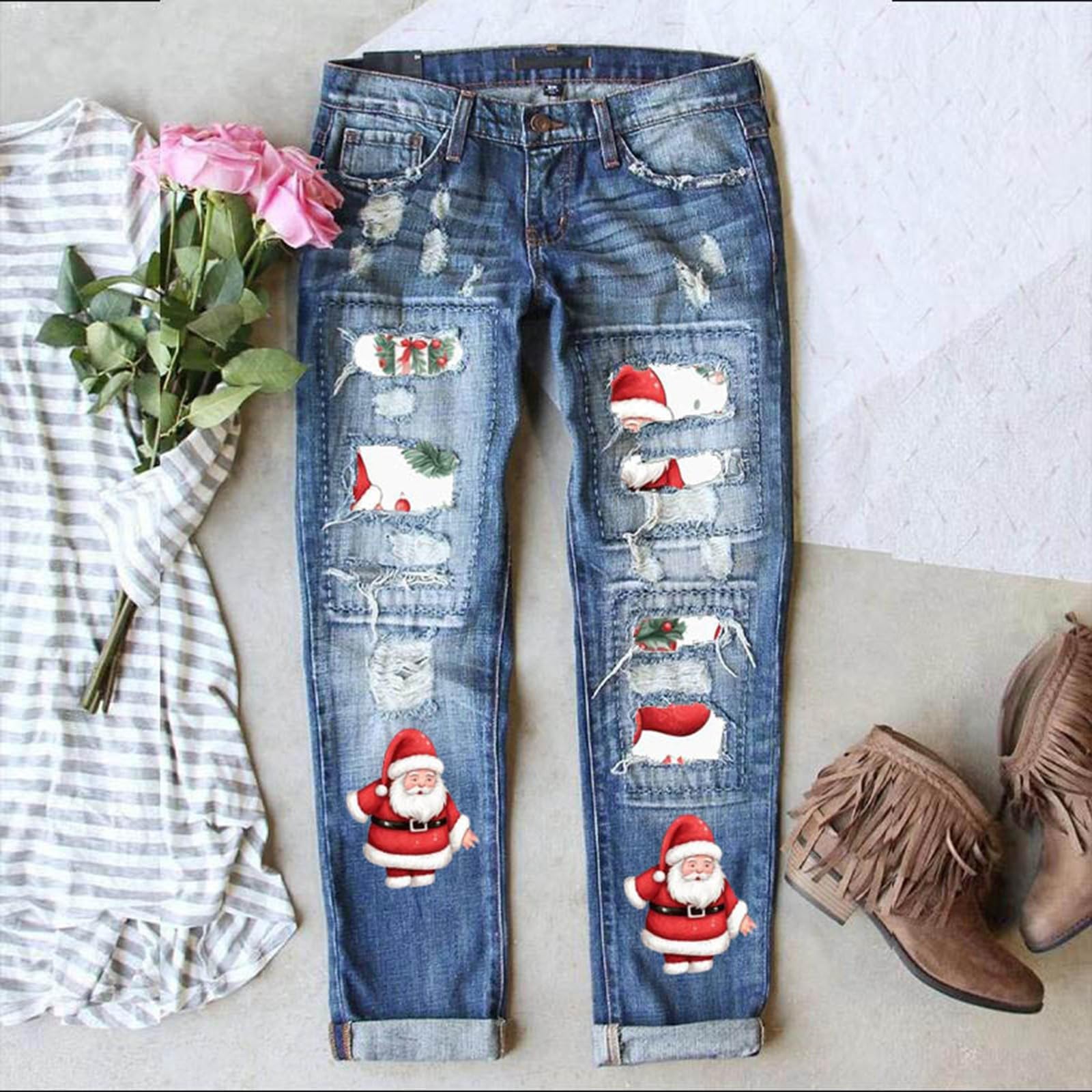 Genérico Pantalones Vaqueros Mujer Cargo Elásticos Bolsillos Trabajo Bootcut Mezclillas Bolsillo Deportes Campana Elefante Monocolor de Tiro Medio Pierna Recta con Diseño Desgastado Navideño Festivo