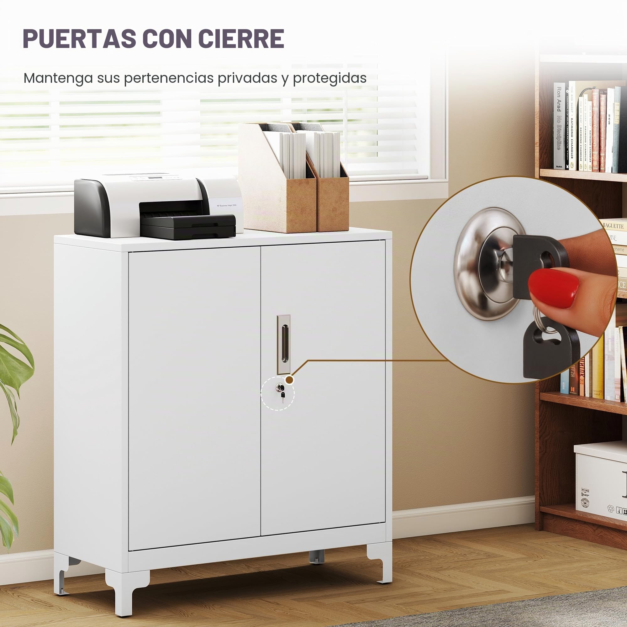 HOMCOM Armario Archivador Metálico con Cerradura, 2 Puertas y Estante, Fácil Montaje, Armario de Oficina Archivador para Estudio Garaje Sala de Estar 80x35x91 cm Blanco