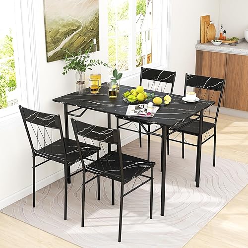 Miniatura 2 de GOFLAME Juego de mesa de comedor de 5 piezas para 4, mesa de cocina moderna y 4 sillas con marco de metal, juego de comedor que ahorra espacio para