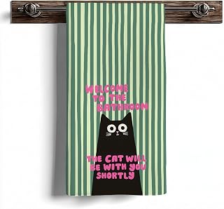 Funny Black Cat Hand Towels, Welcome to the Bathroom the Cat Will be with You Shortly Pink and Green Striped Decorative Hand Towels for Bathroom Washroom Restroom Toilet, 16x24 inch