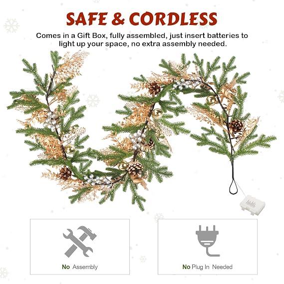 Luditek Christmas Garland with Lights, 5.2ft 40 LEDs Pine Needles Pinecones Christmas Decor String Lights Battery Operated, Christmas Decorations Indoor for Home Fireplace Mantel Door Xmas