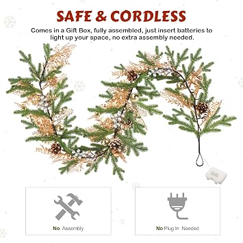 Luditek Christmas Garland with Lights, 5.2ft 40 LEDs Pine Needles Pinecones Christmas Decor String Lights Battery Operated, Christmas Decorations Indoor for Home Fireplace Mantel Door Xmas
