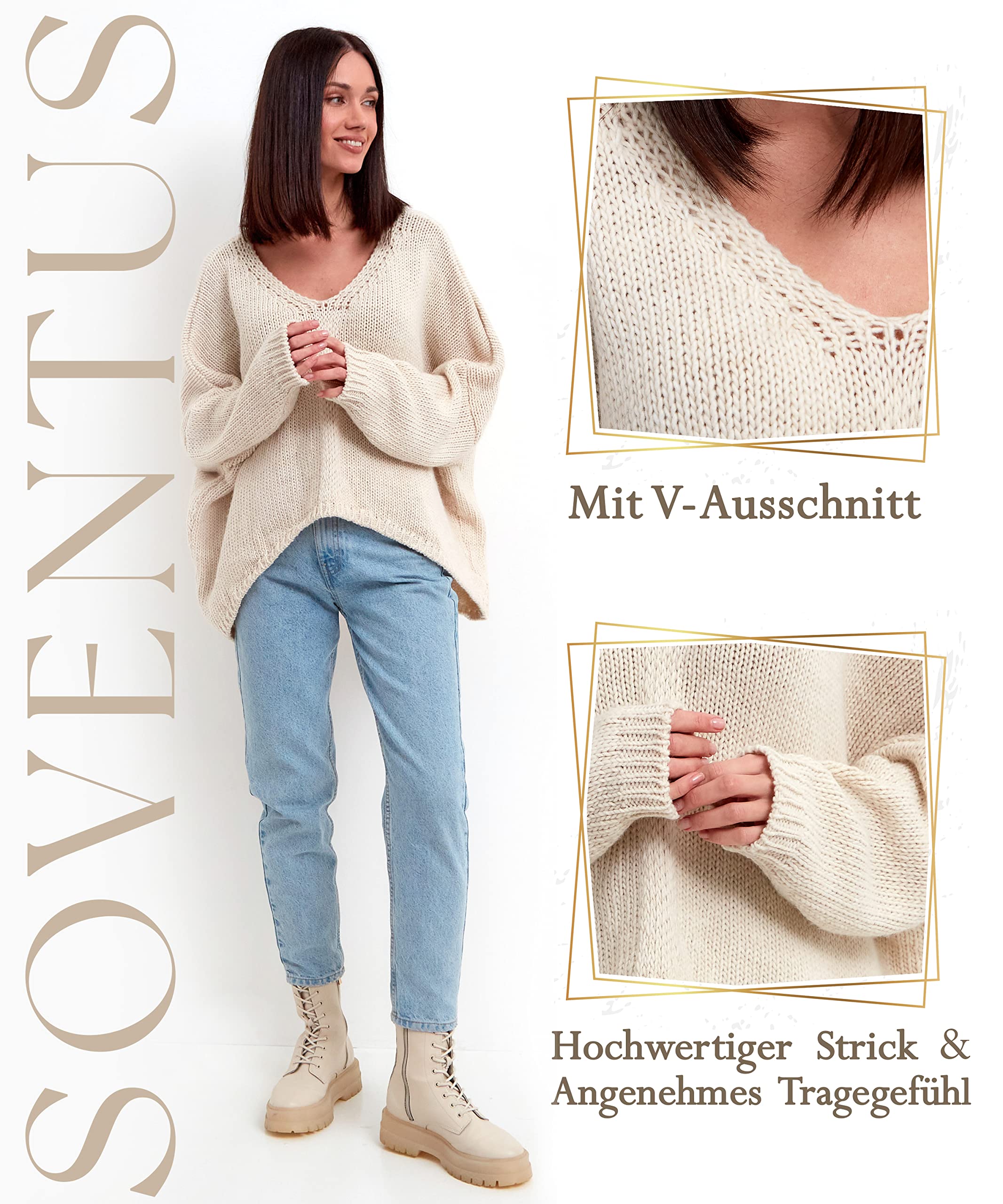 SOVENTUS FASHION Damen Strickpullover Oversize grobmaschig Pullover Damen Strick Oversize kurz Pulli Frühling Herbst V-Ausschnitt, mit oder ohne Kapuze, Grosse größen Made in Italy