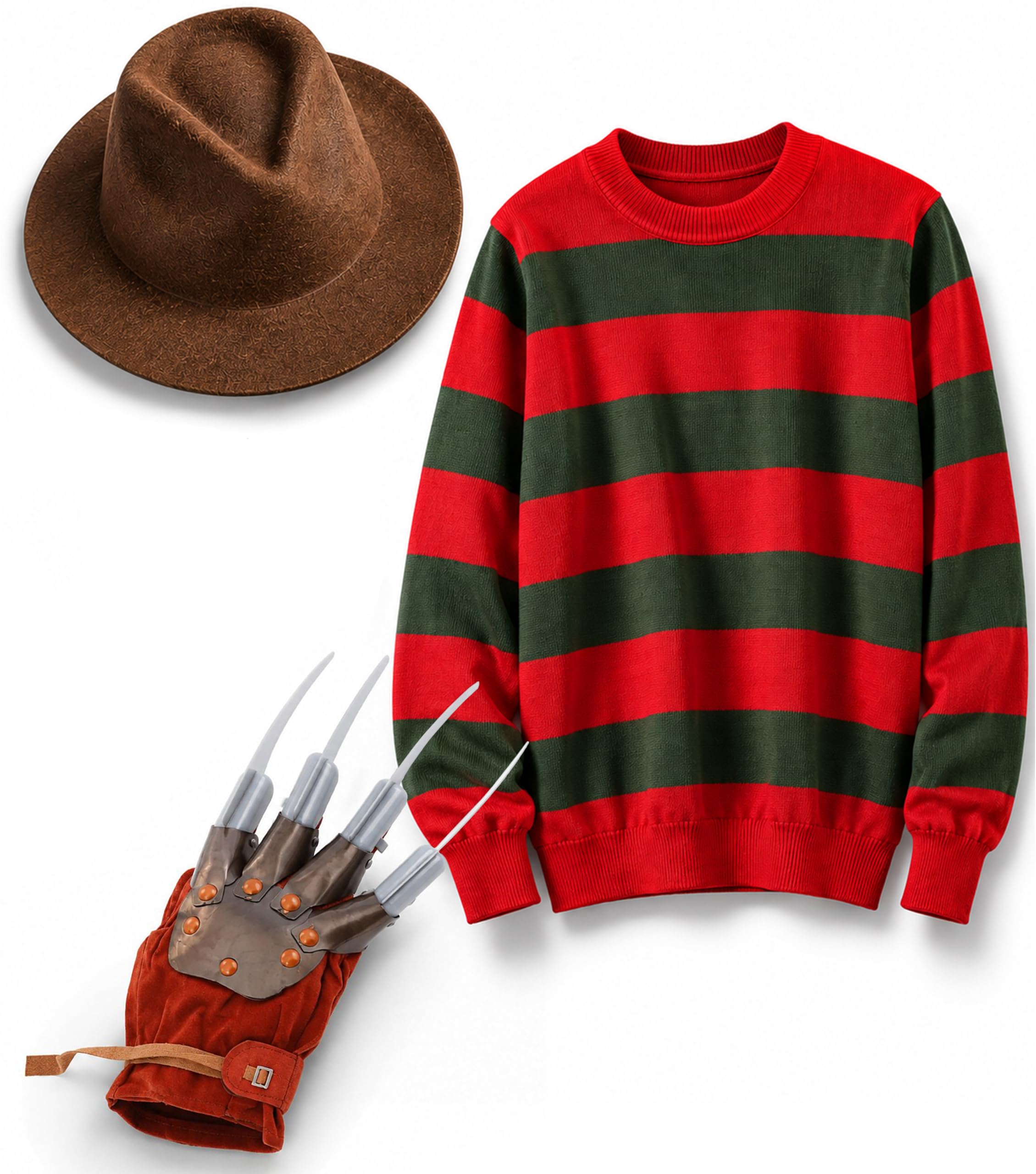 Ploutos World Wide Mens Halloween Burnet Freddy Costume, Explorer Hat With Glove Claw & Red/Green Jumper Unisex Halloween Fancy Dress Costume Killer Man Outfit, XL