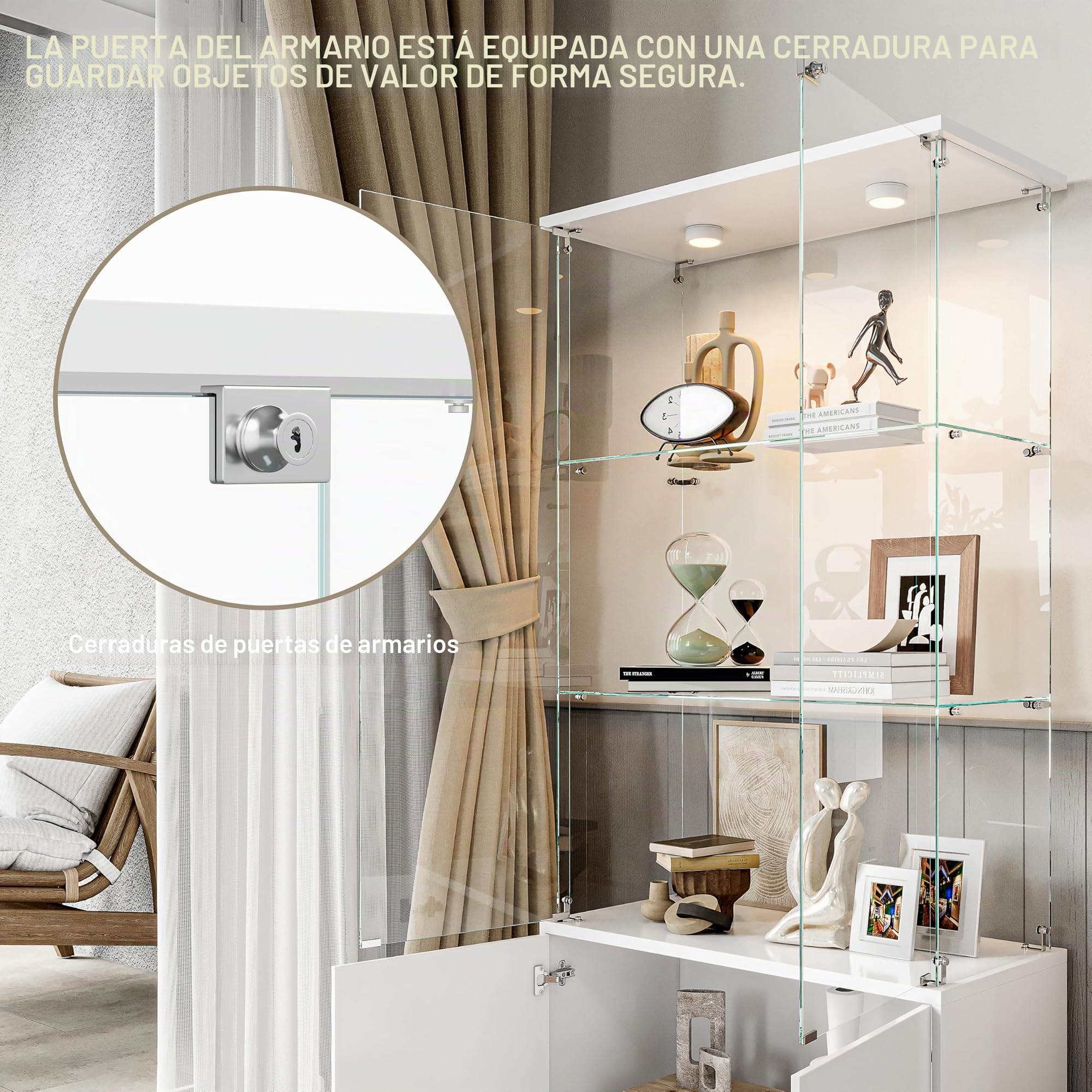 Vetrina a LED in vetro trasparente moderna con 3 ripiani e 2 ante, mobili da collezione 79 x 35 x 164 cm, ideale per la casa e oggetti da collezione