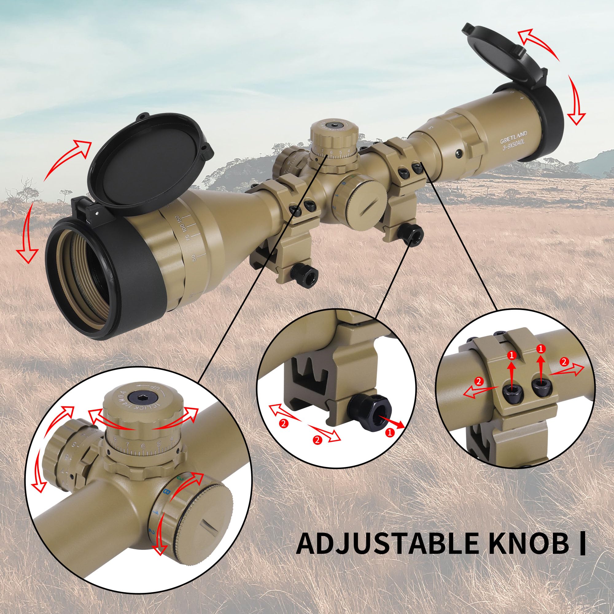 Goetland Gewehr Zielfernrohr 3-9x50 Airsoft Mil Dot Optik R4 Absehen mit Montage Ringe SFP Rot Grün Blaue für Taktische Jagd Luftgewehr Sportschützen