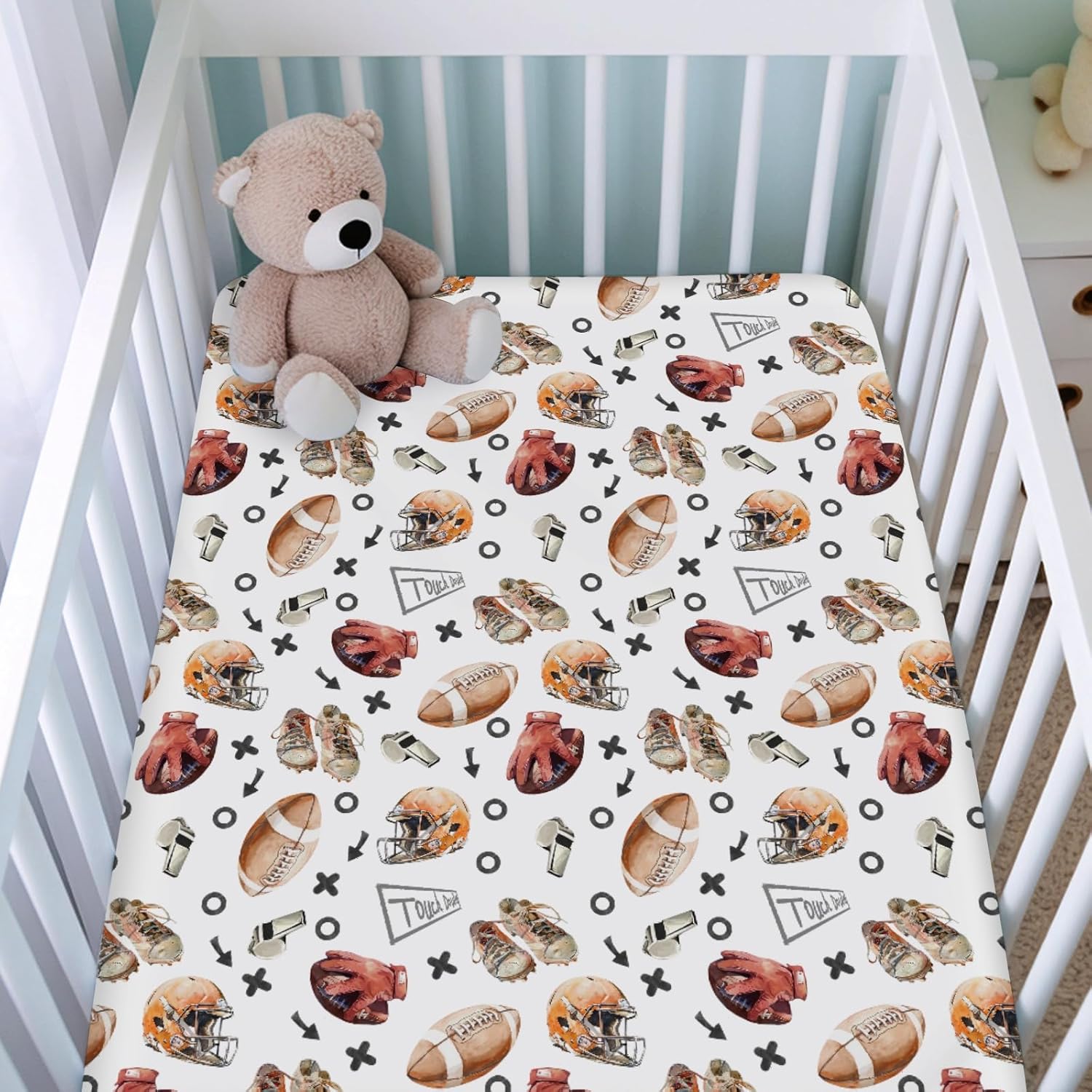 Watercolor American Football Baby Crib Sheets for Boy Girl 52"x28" Outdoor Baby Sports Soft Bed Sheet for Standard Crib and Toddler Mattresses Sports Lovers Gift Snug Fitted Crib Mattress Covers