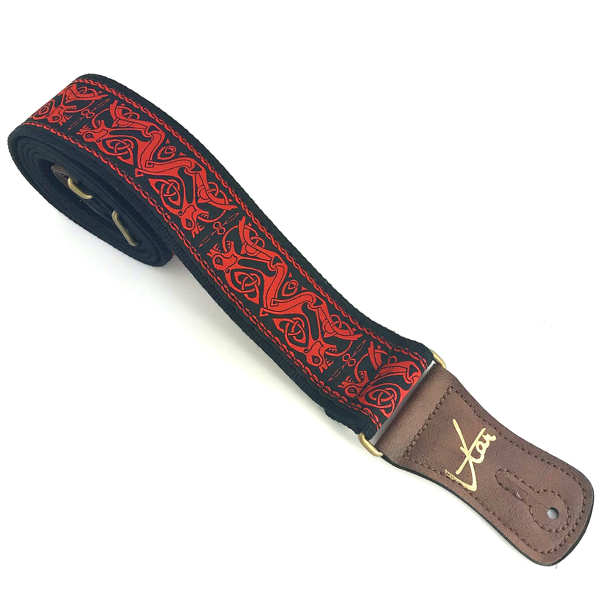 Vtar Handmade Irish Celtic Beast Red Hemp Guitar Strap, Made with Brown Vegan Leather & Antique Brass Details Acoustic, Bass and Electric
