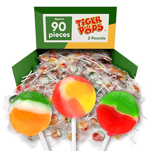 Tiger Pops Lollipop - Paleta de 2 libras de aproximadamente 90 caramelos duros Caramelos a granel envueltos individualmente Chupones de dulces