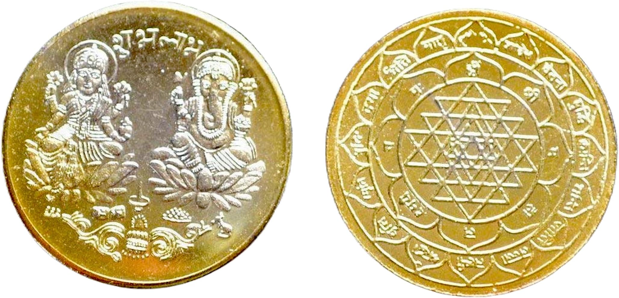 AWAKEN YOUR KUNDALINI Sri Maha Laksmi Ganesh Yantra, Sri Mahalaxmi Ganesh Puja Yantra, Sri Yantra, Sri Lakshmi Ganesh Coin, Golden Tone Polish - Energized Yantra - for Good Luck, Wealth, Prosperity