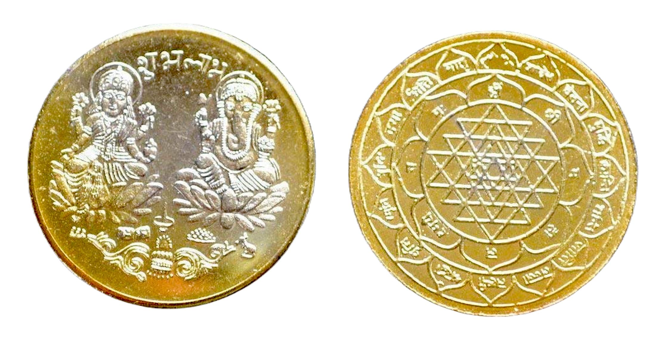 Awaken Your Kundalini Sri Maha Laksmi Ganesh Yantra, Sri Mahalaxmi Ganesh Puja Yantra, Sri Yantra, Sri Lakshmi Ganesh Coin, Golden Tone Polish - Energized Yantra - for Good Luck, Wealth, Prosperity