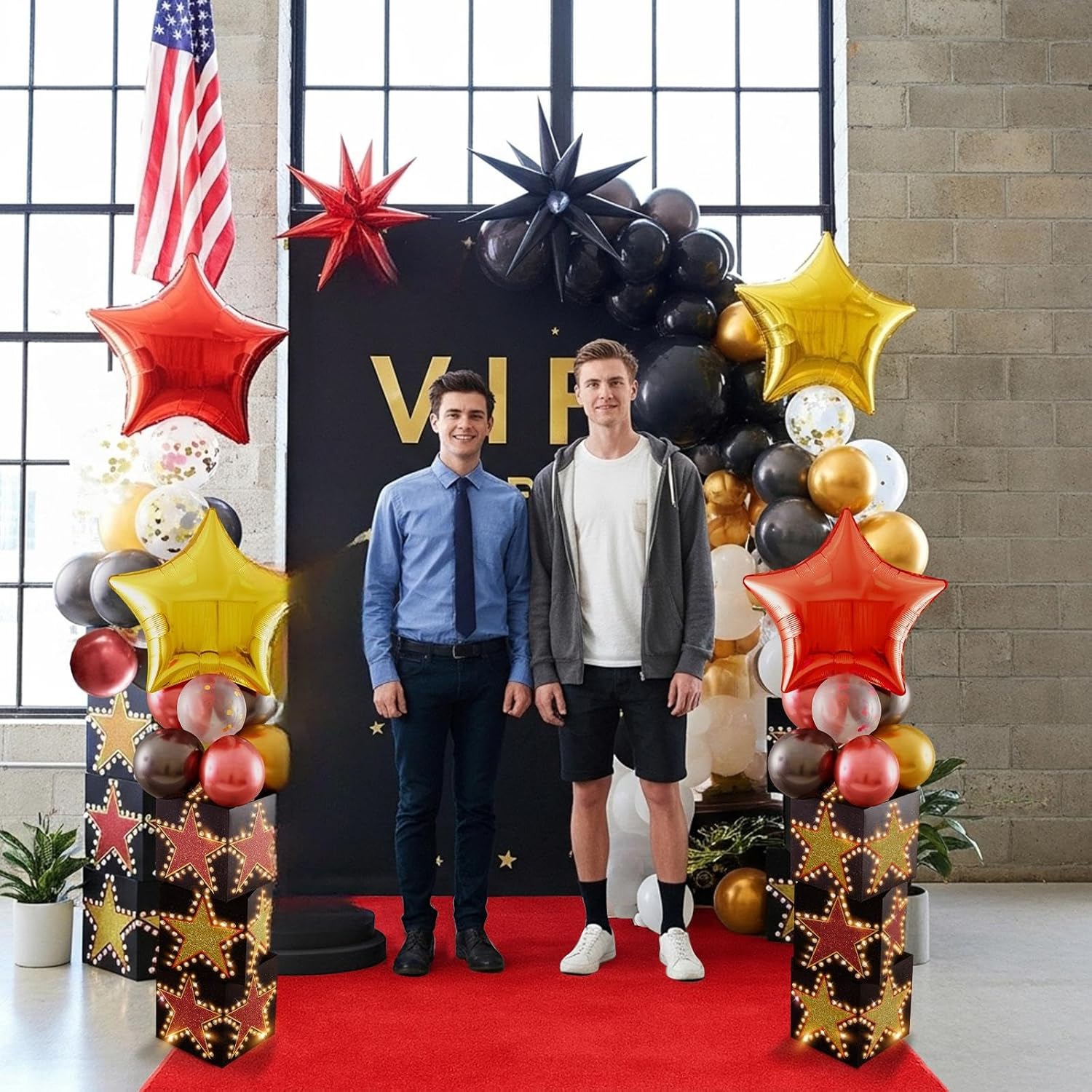 16 Pack Large Movie Night Party Decorations Boxes with LED, 11 Inch Large Red Carpet Decor Boxes Red Black Gold Balloons with Jumbo Star Sequined Balloons for Movie Theater Party Decorations