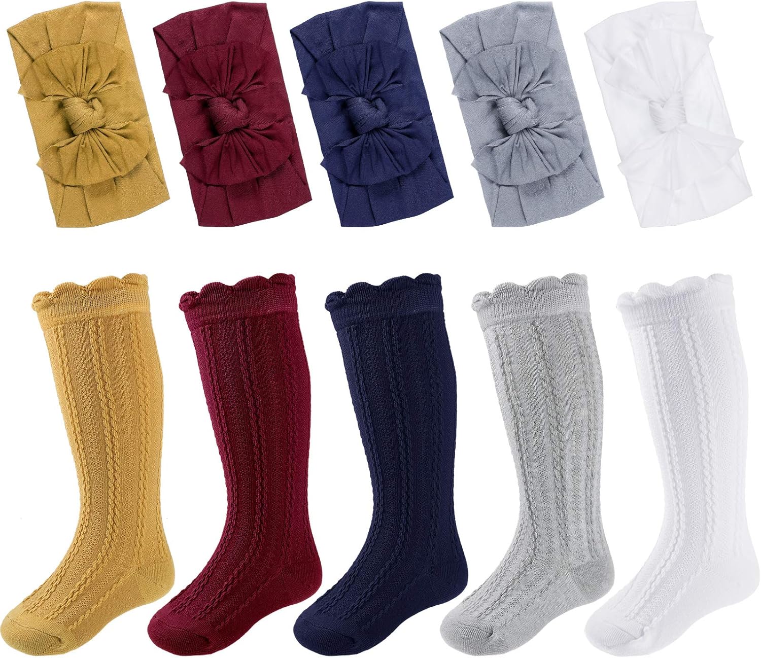 Geyoga 5 Pairs Baby Girl Knit High Sock Knee Long Socks with 5 Pieces Bowknot Headband for Unisex Newborn Infants Toddler