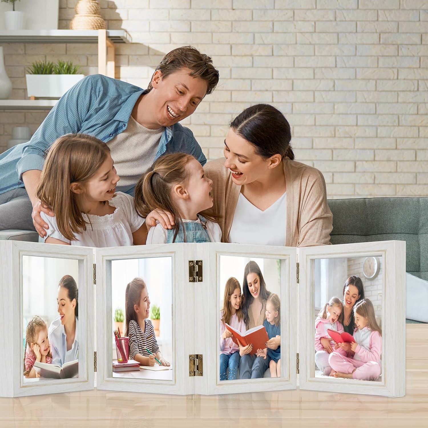 5x7 Four Picture Frame 4 Hinged Photo Frame with 4 Openings, Natural Wood Foldable Photo Frame with High Definition Acrylic for Birthday Father's Day Christmas Gift, Rustic Desk Family Picture Collage, White