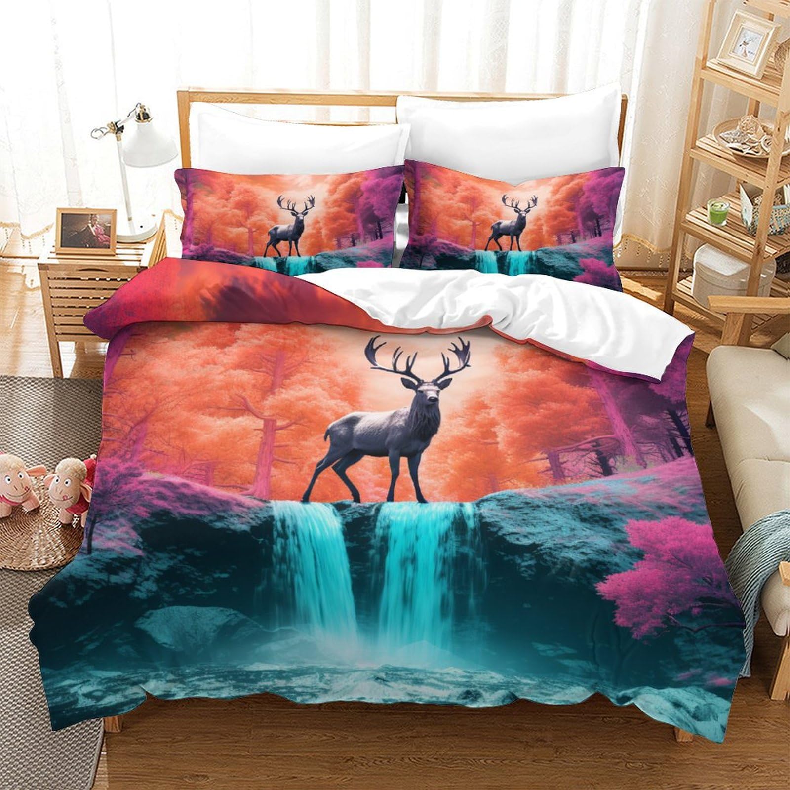 Housse de couette 220x240 cerf imprimé 3D avec 2 taies d'oreiller pour lit adulte King size