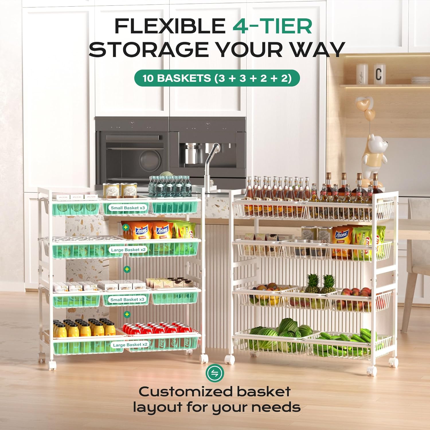 Cinati 4-Tier Kitchen Storage Cart, Adjustable Rolling Pantry Storage Cart with 10 Baskets & Handle, 29''L Metal Snack Cart with Wheels, Kitchen Shelf Organizer for Fruit, Vegetables, Potato(Black)