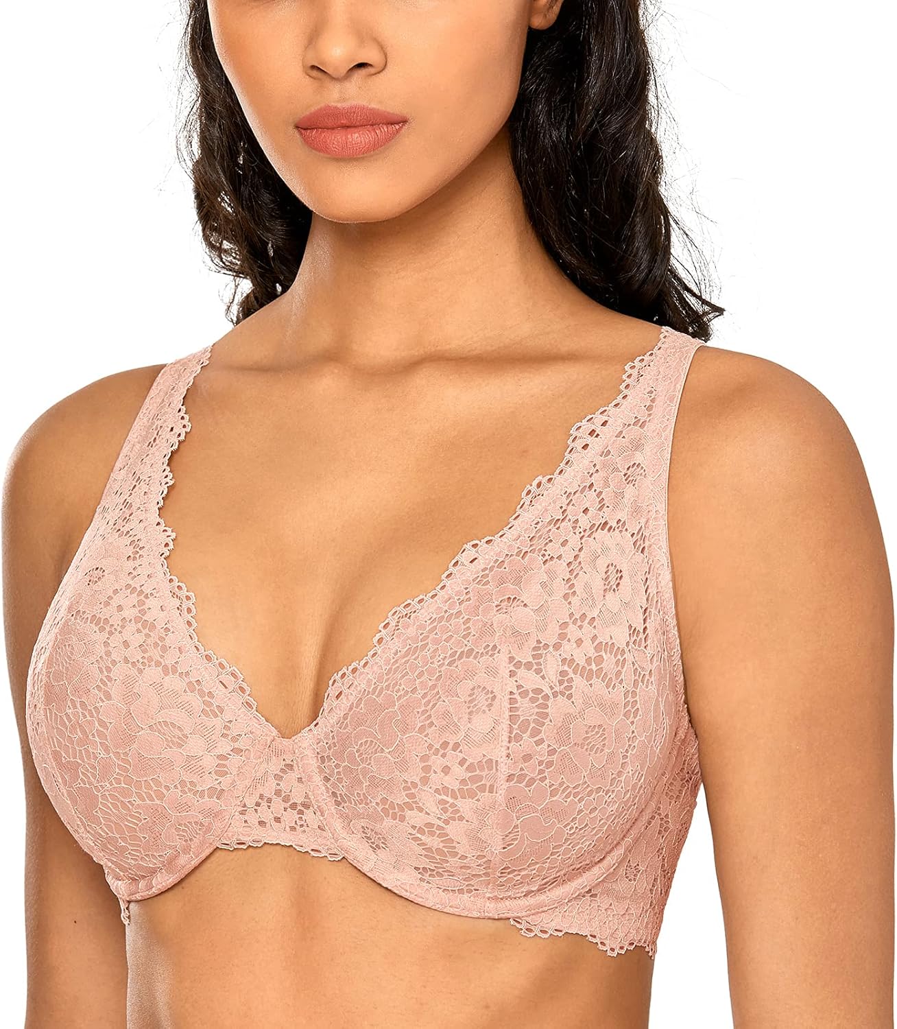 DOBREVA Women's Lace Unlined Plunge Bra Underwire Bralette Plus Size Sheer Full Coverage Bras - Image 3