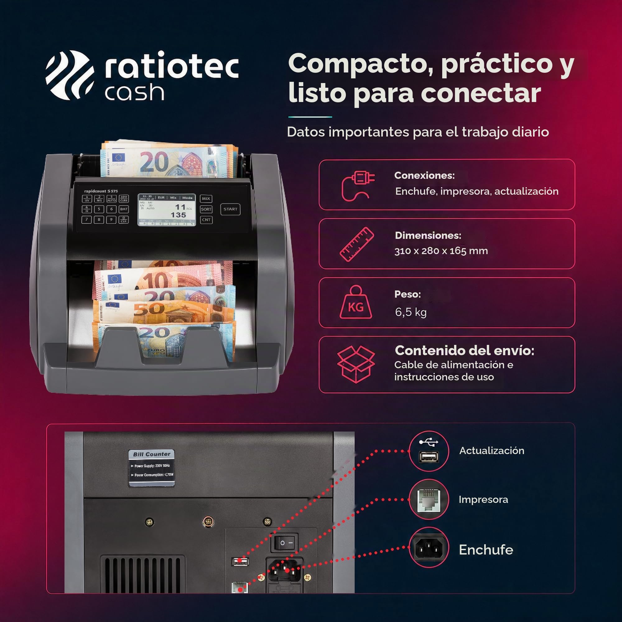 ratiotec Máquina contadora de billetes rapidcount S 575 para billetes mixtos con valoración en negro