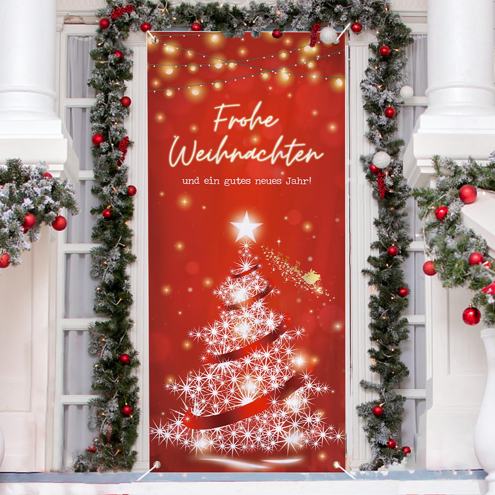 COLOFALLA Banner Porta Natalizio Con Scritta "Frohe Weihnachten" E Albero: Striscione In Tessuto 200x90 Cm Per Decorazioni Natalizie Esterno/Interno - 4