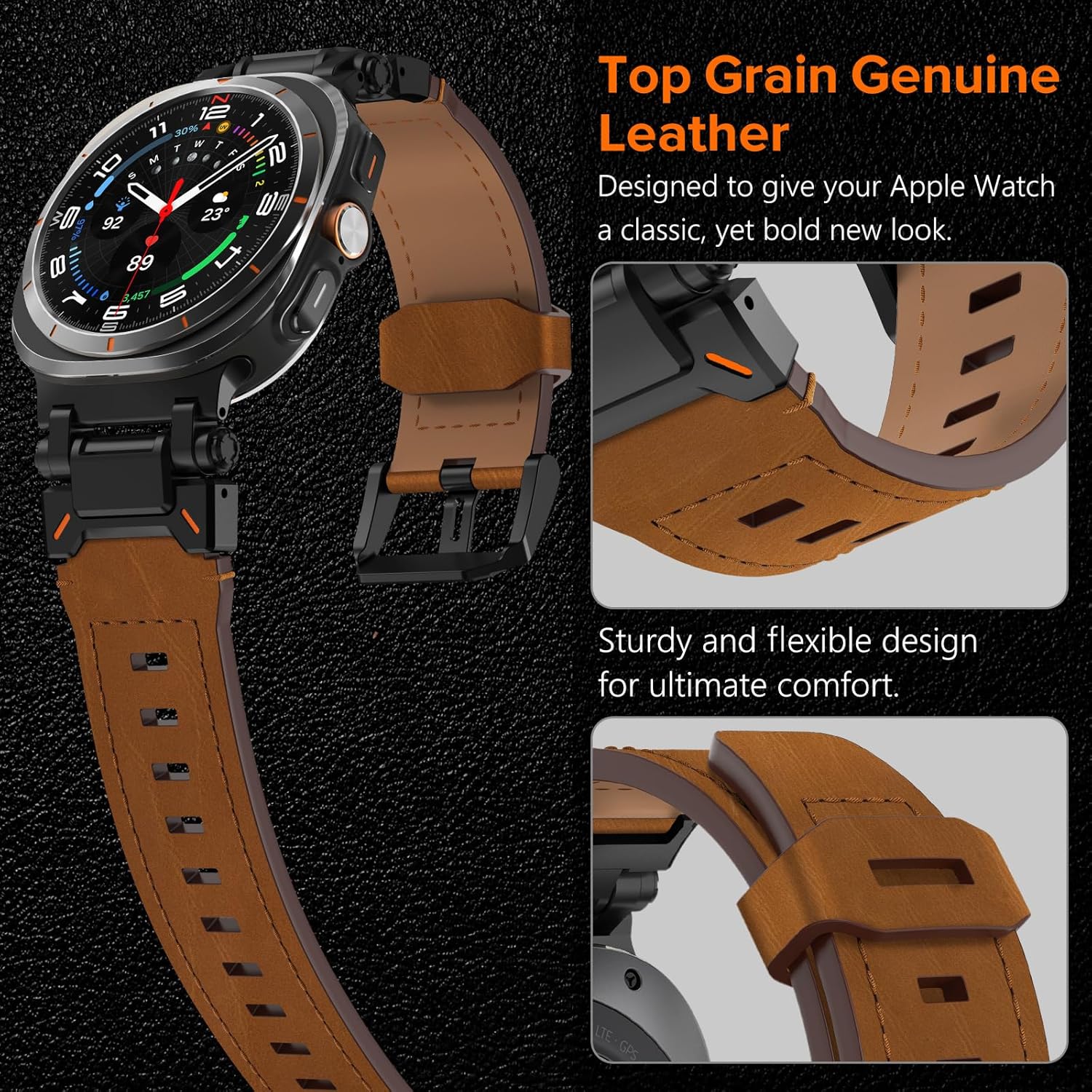 KADES Design for Samsung Galaxy Ultra Watch Band 47mm Men, Wide Rugged Top Grain Genuine Leather Band with New Upgrade Metal Connectors for Galaxy Watch Ultra 47mm