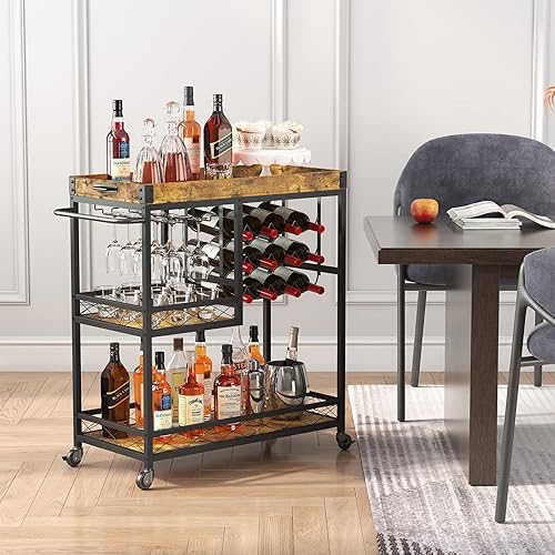 Miniatura 2 de Lifewit Carrito de bar, carrito de servicio de bar en casa, carrito de bebidas de 3 niveles con 12 estantes para botellas de vino, carrito de