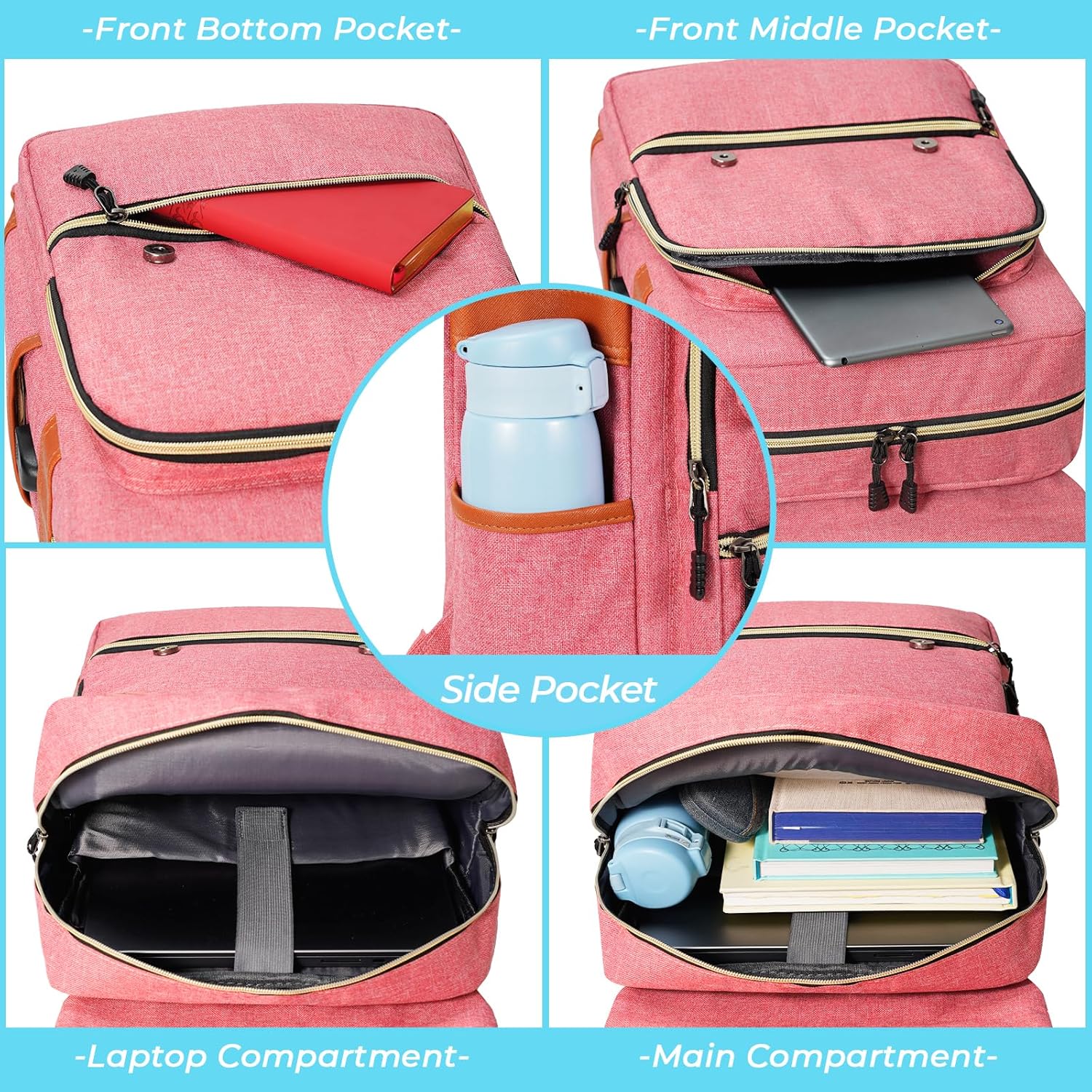 Ronyes Vintage Laptop Backpack for Women Men,15.6 inch Bookbag Casual Daypack with USB Charging Port for College Work, Pink Backpacks - Image 5