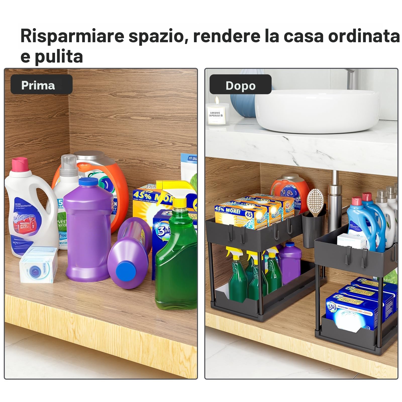 Puricon Organizer Sottolavello Cucina a 2 Livelli, Organizer Sottolavello Portaoggetti Ripiano Multiuso sotto Lavello per Cucina Bagno (Nero, 1)