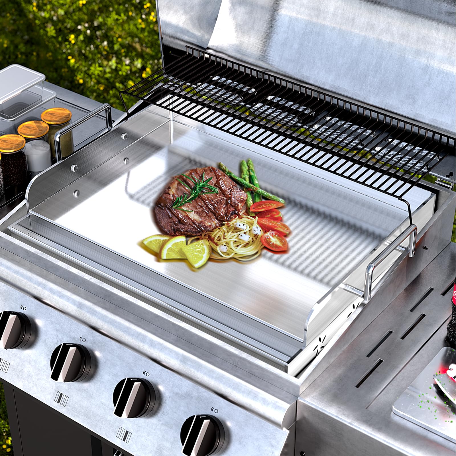 Piastra universale per barbecue Plancha in acciaio inox, con braccio di riscaldamento uniforme, griglia per barbecue a gas e carbone, universale, per barbecue, campeggio, tailgating e feste (44 cm)