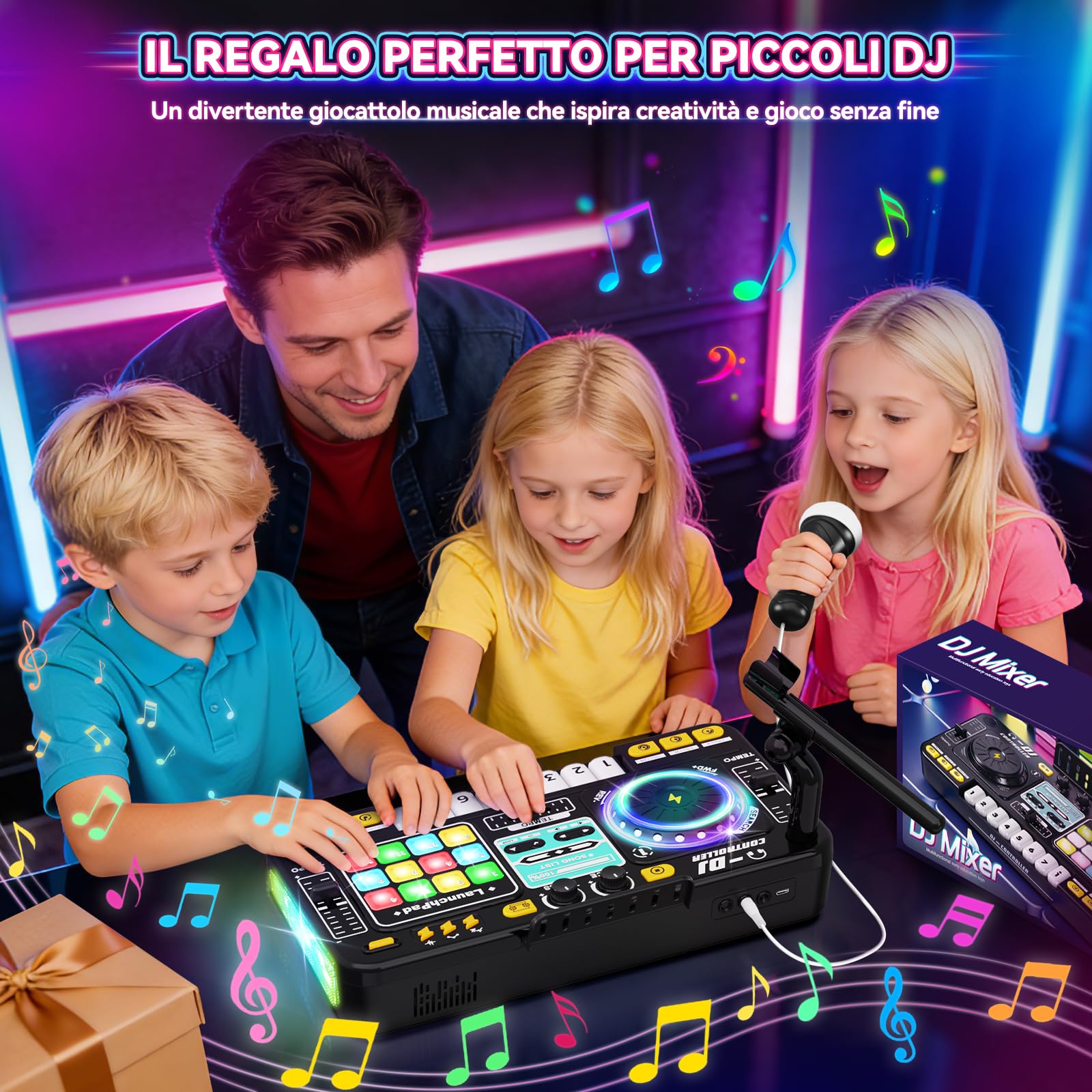 Console DJ per bambini, controller DJ, mixer DJ con funzione di registrazione, 100+ effetti sonori, giradischi DJ realistico e drum pads, regalo per bambini e bambine 3-11 anni, Nero