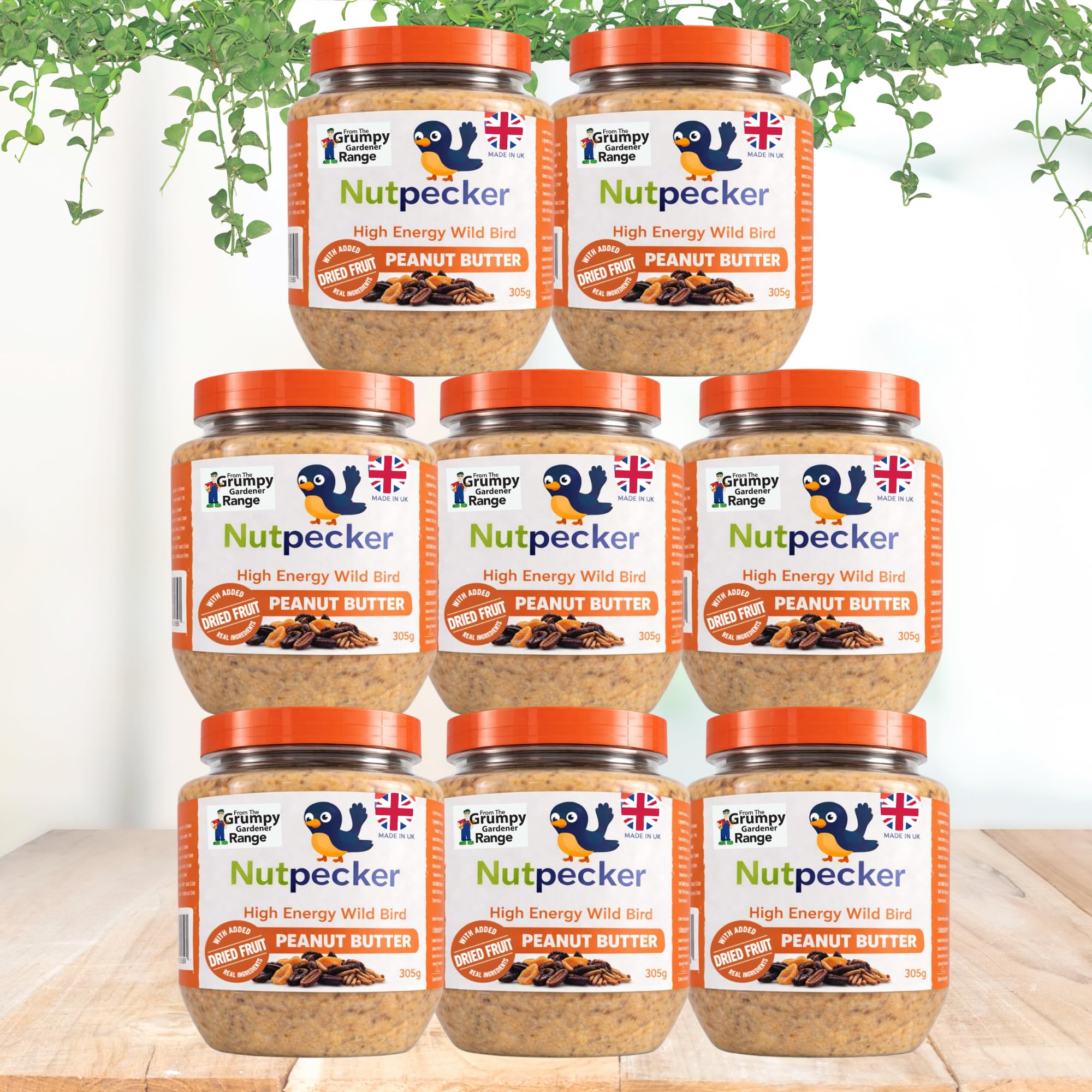Grumpy Gardener NutPecker Peanut Butter Bird Food for Wild Birds - Fruits Suet Bird Feeding Nourishment, High-Energy Made in the UK Wild Bird Food | Fruits & Nuts Flavors 8 x 330g each