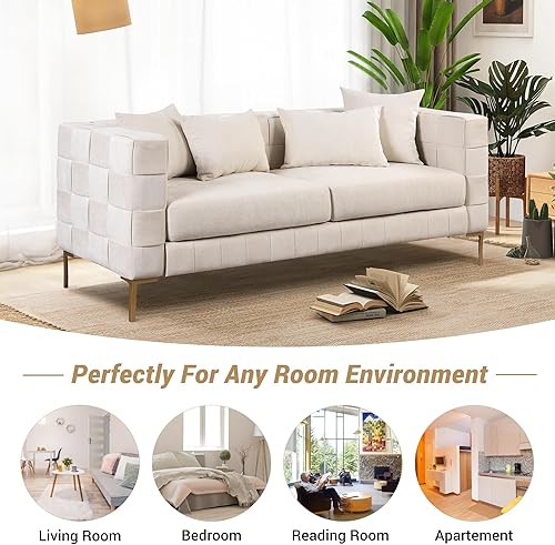 Miniatura 3 de Sofá biplaza tapizado de 80.5 pulgadas de largo con 4 almohadas, diseño moderno tejido con patas de metal dorado, sofá de resorte mediano para sala